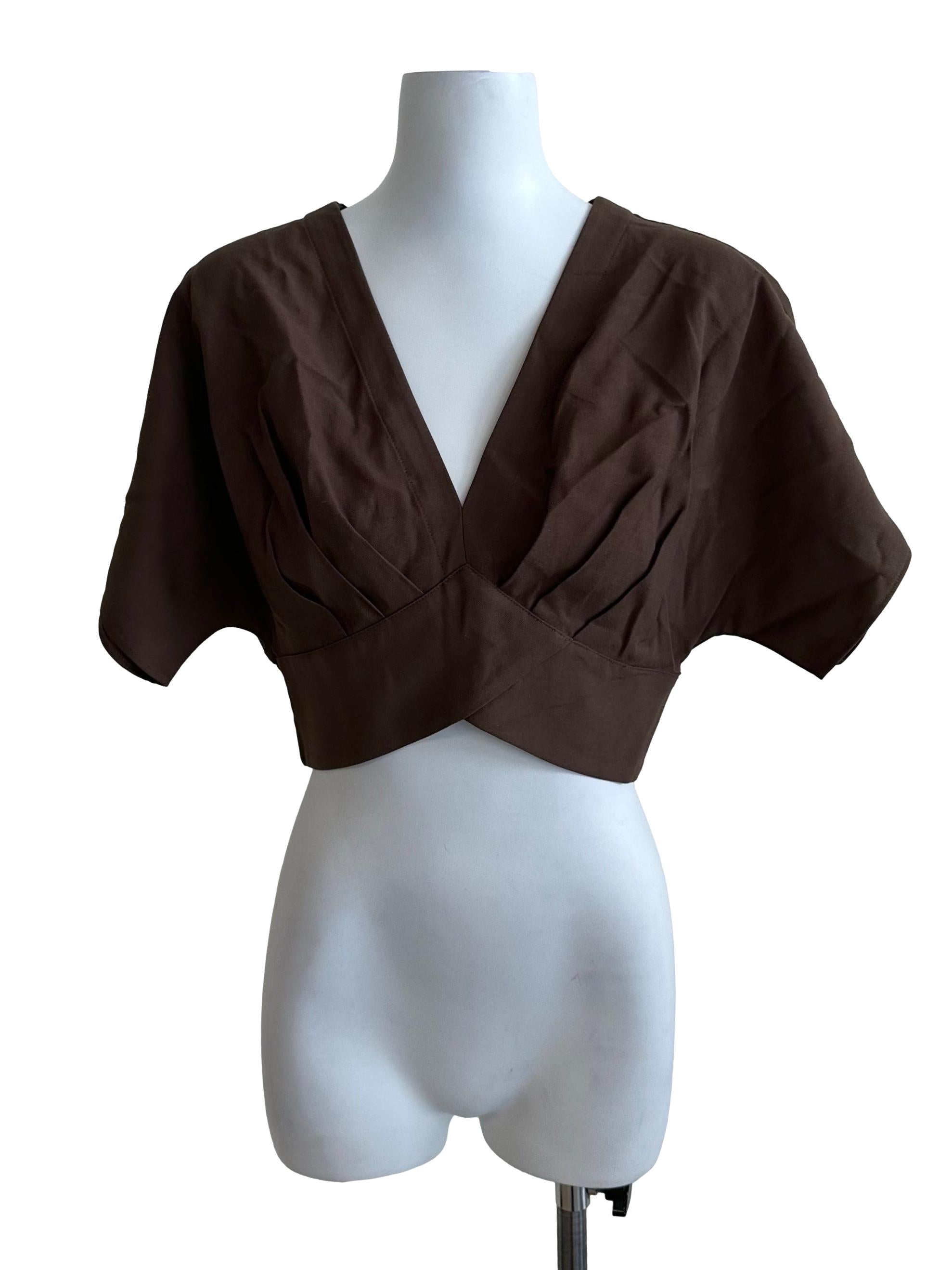 Coffee Brown V Neck Crop Blouse