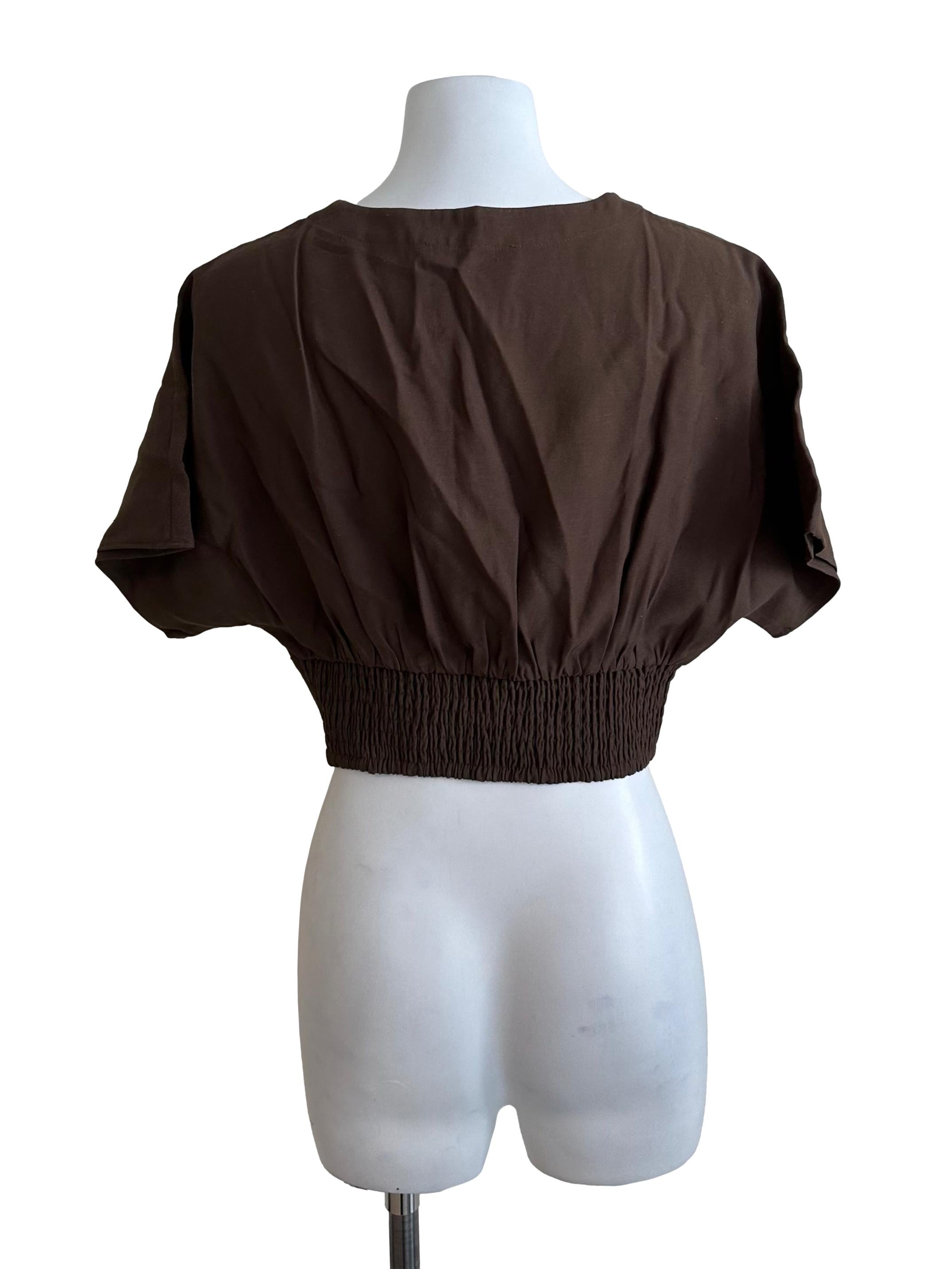 Coffee Brown V Neck Crop Blouse
