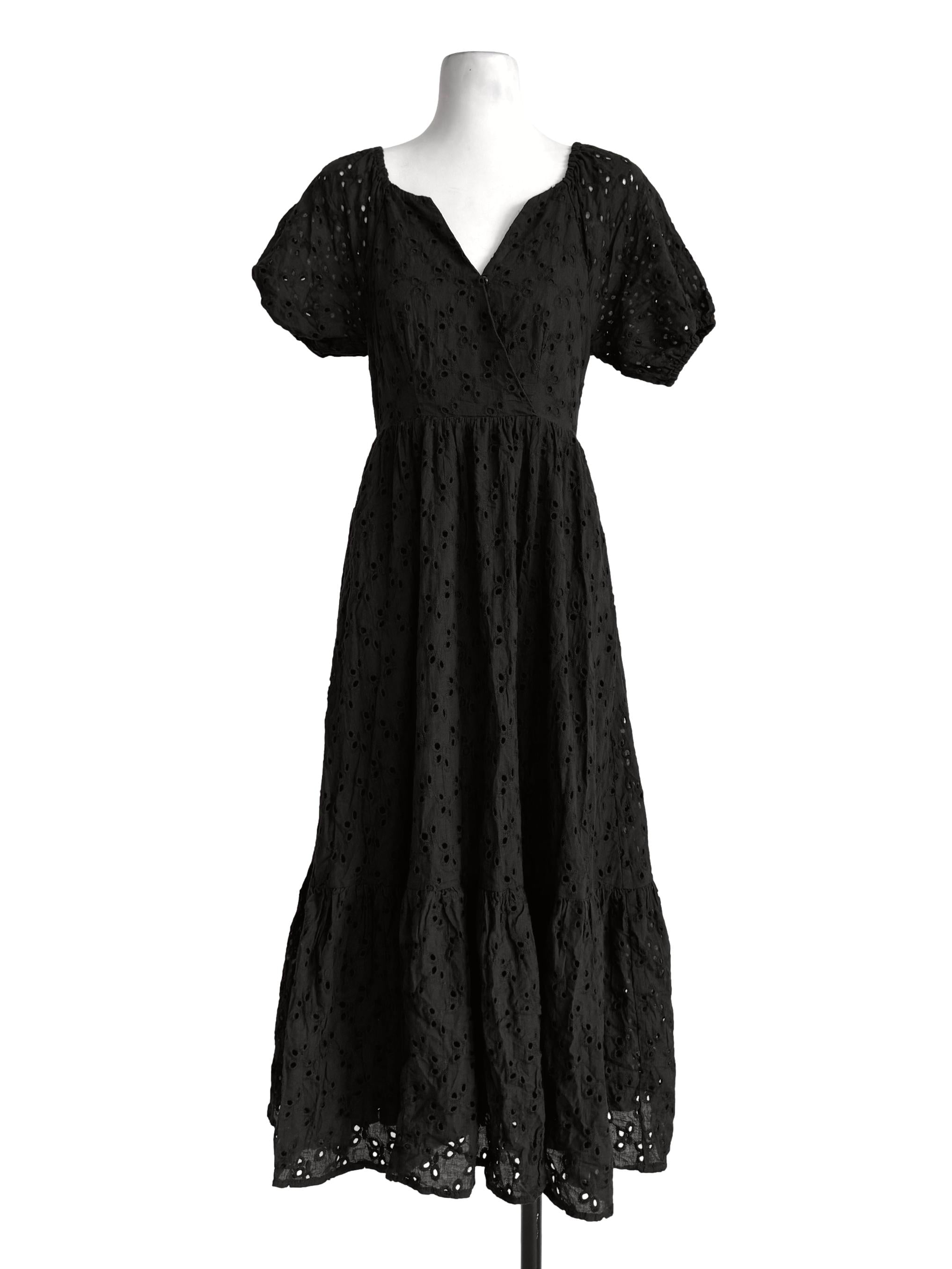 Black Eyelet V Neck Dress TWL