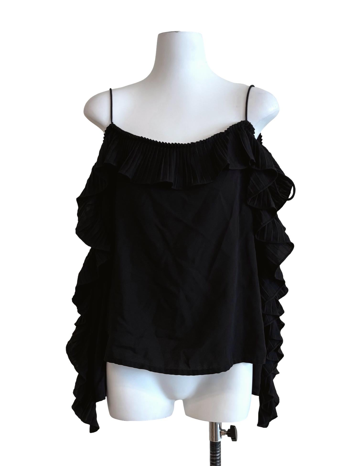 Rich Black Slit Sleeve Ruffle Top