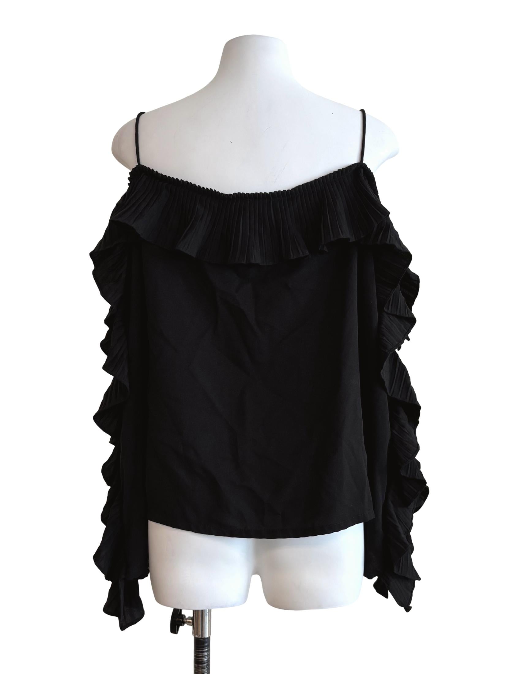 Rich Black Slit Sleeve Ruffle Top