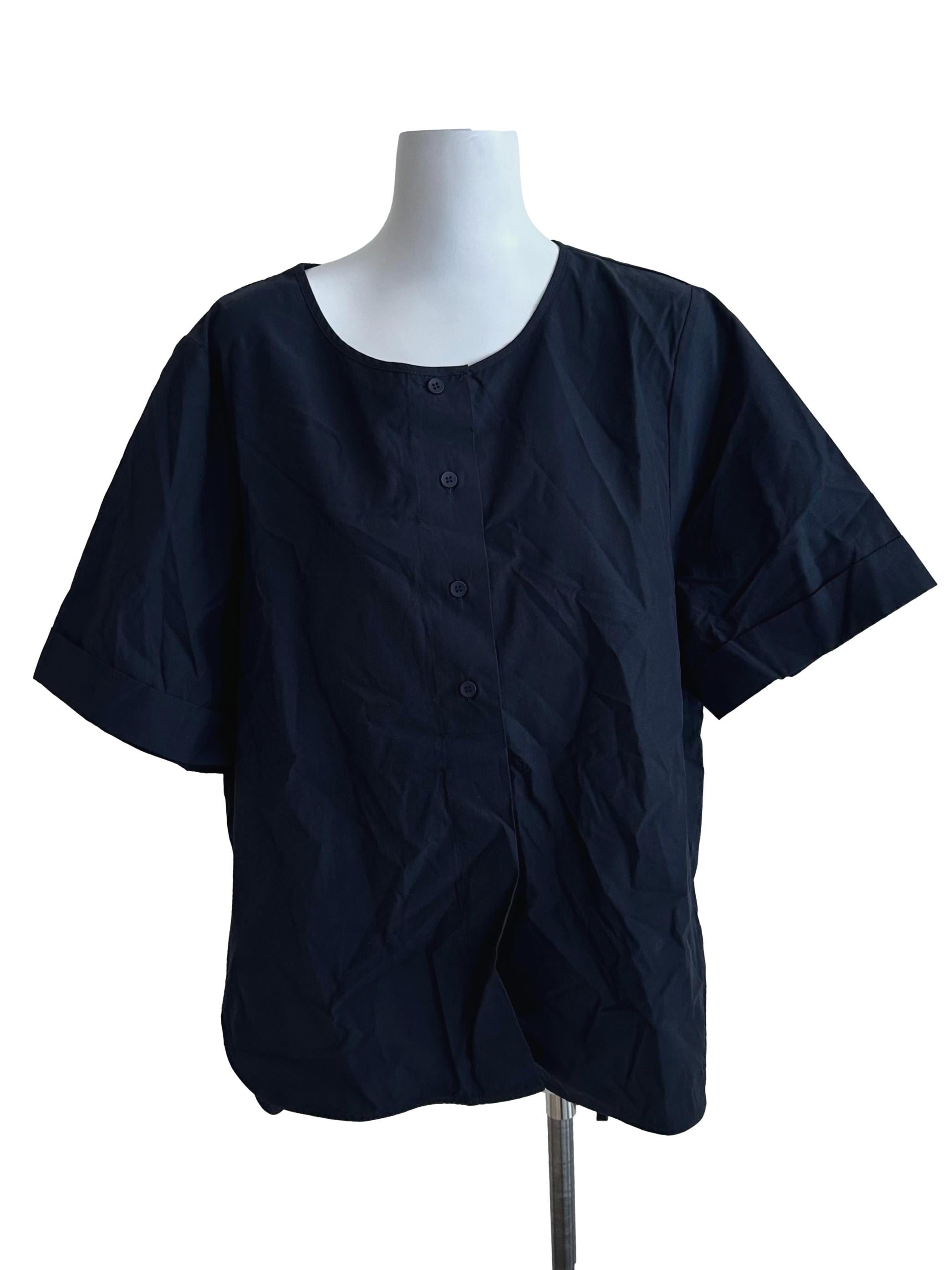 Navy Blue Round Neck Button Top