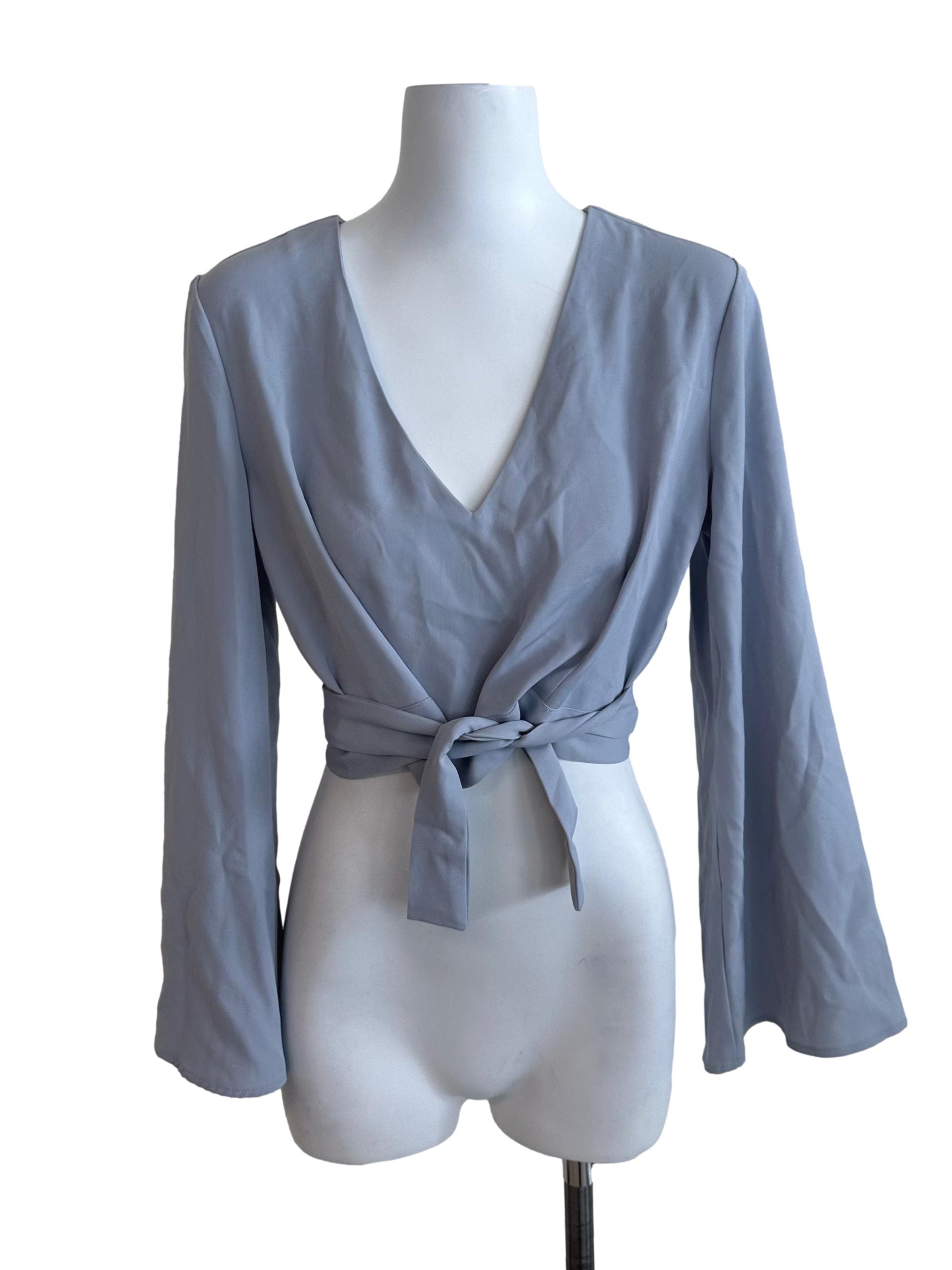 Ash Blue V Neck Front Tie Blouse