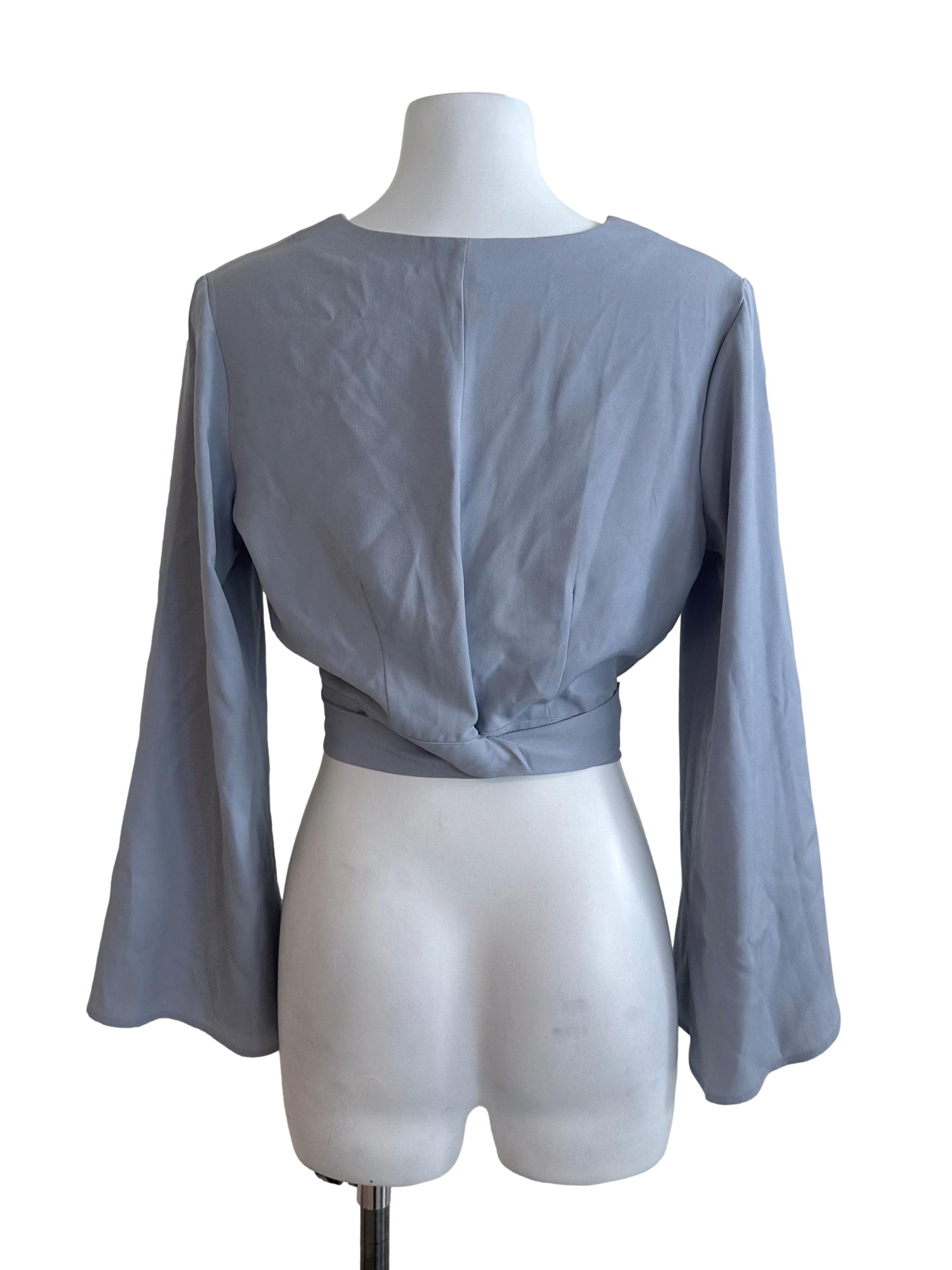 Ash Blue V Neck Front Tie Blouse