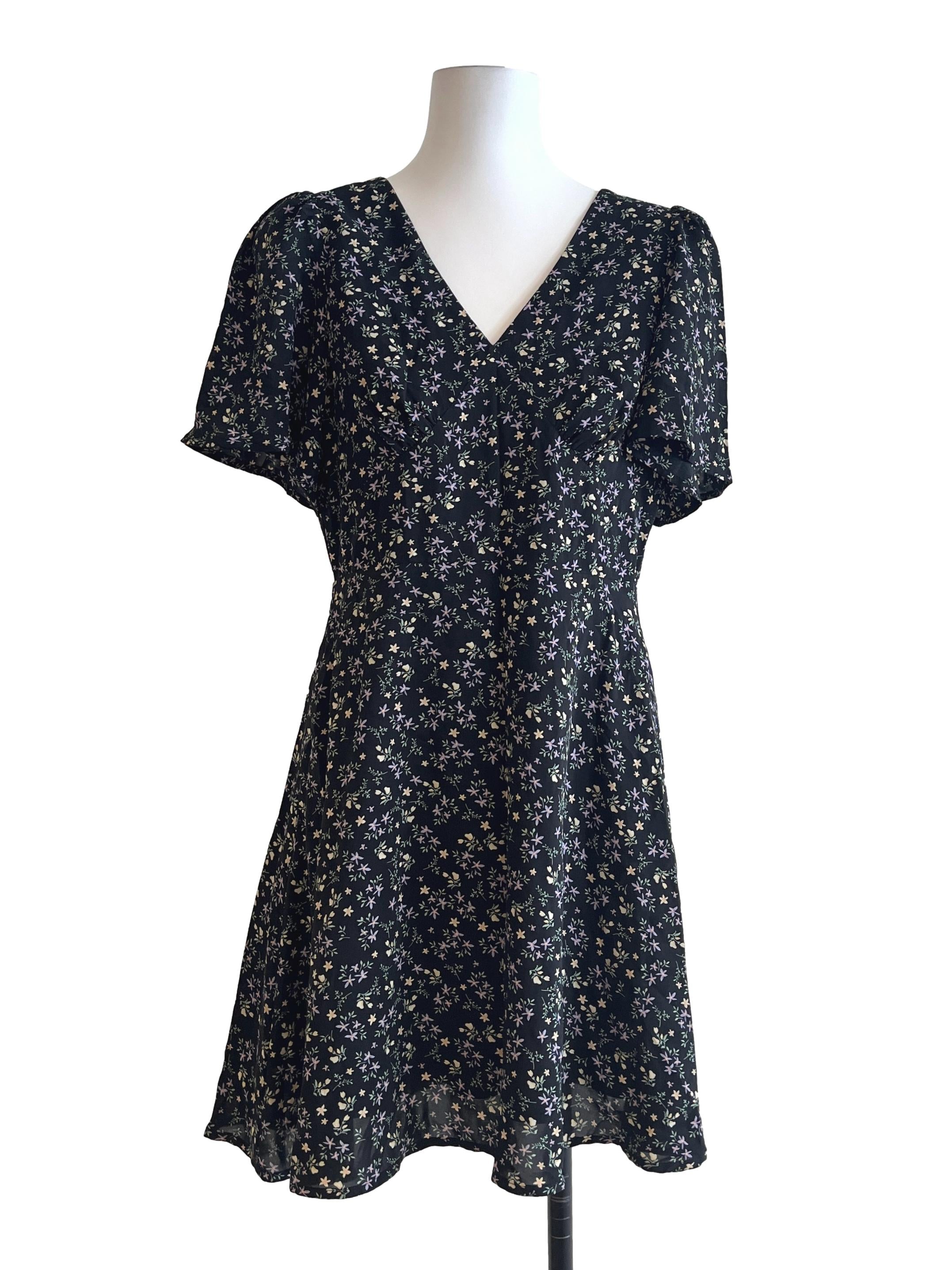 Jade Black Floral Print V-Neck Mini Dress