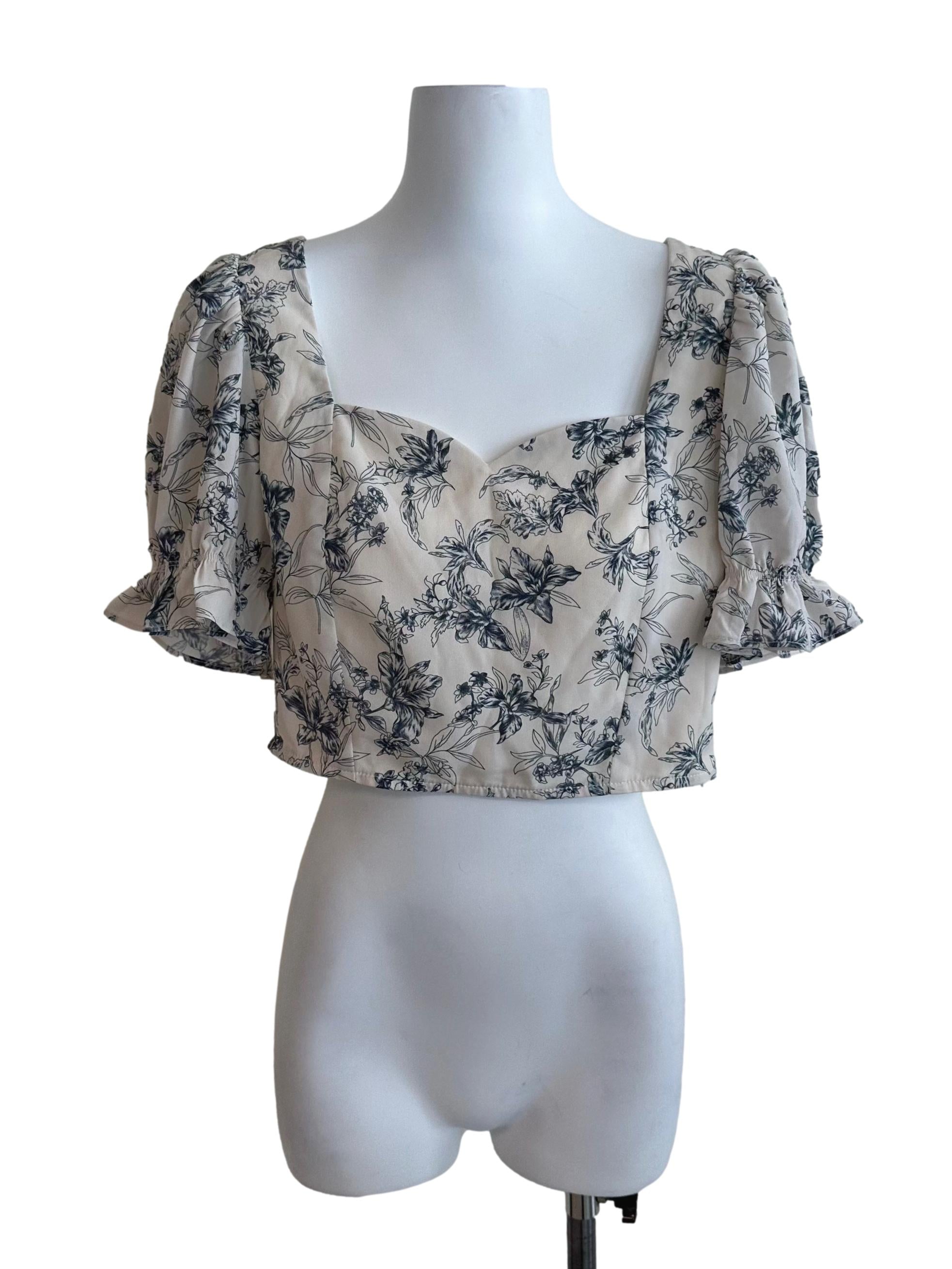 Oat Beige Floral Puff Sleeve Top
