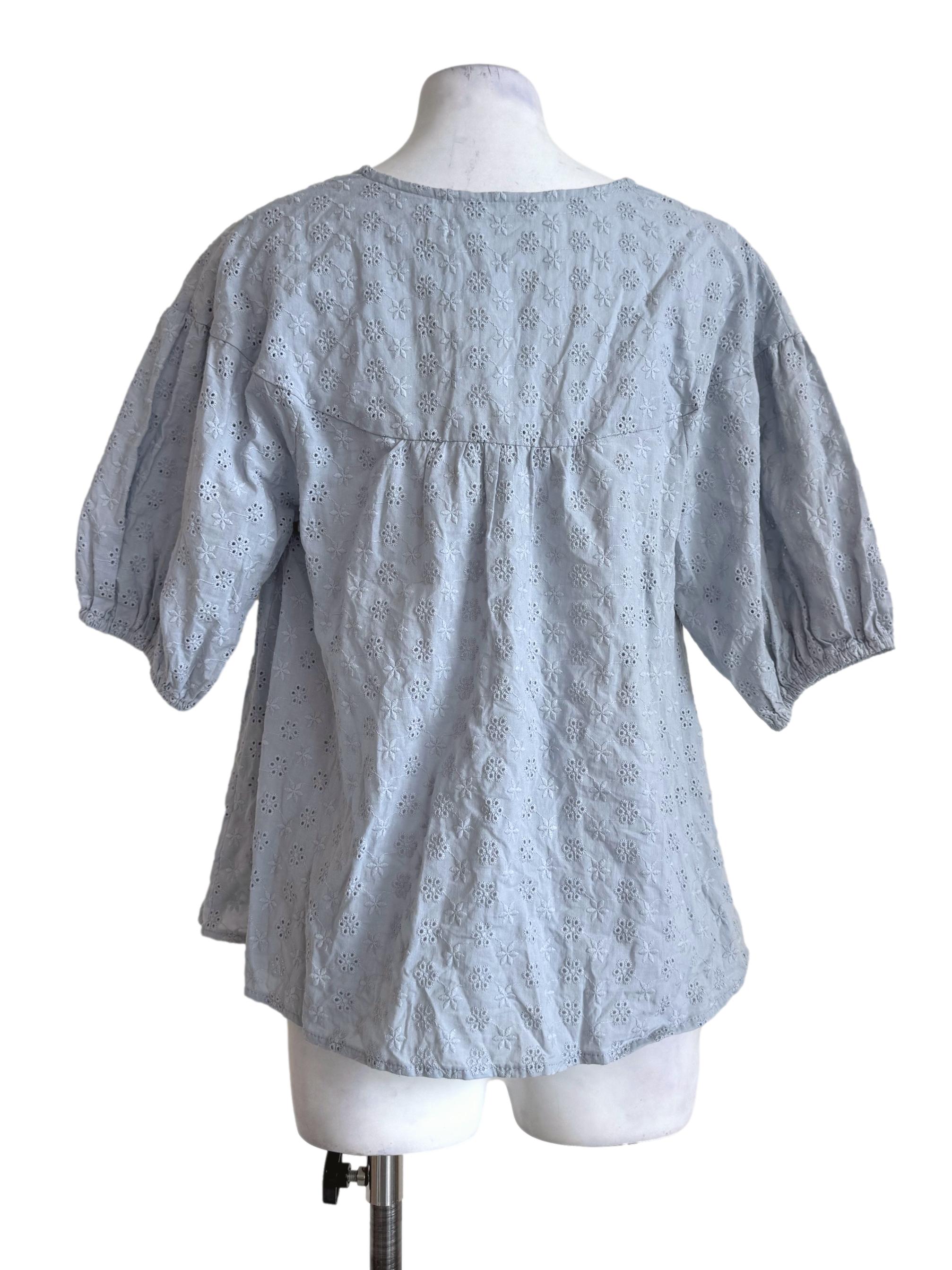 Light Blue Eyelet V Neck Blouse