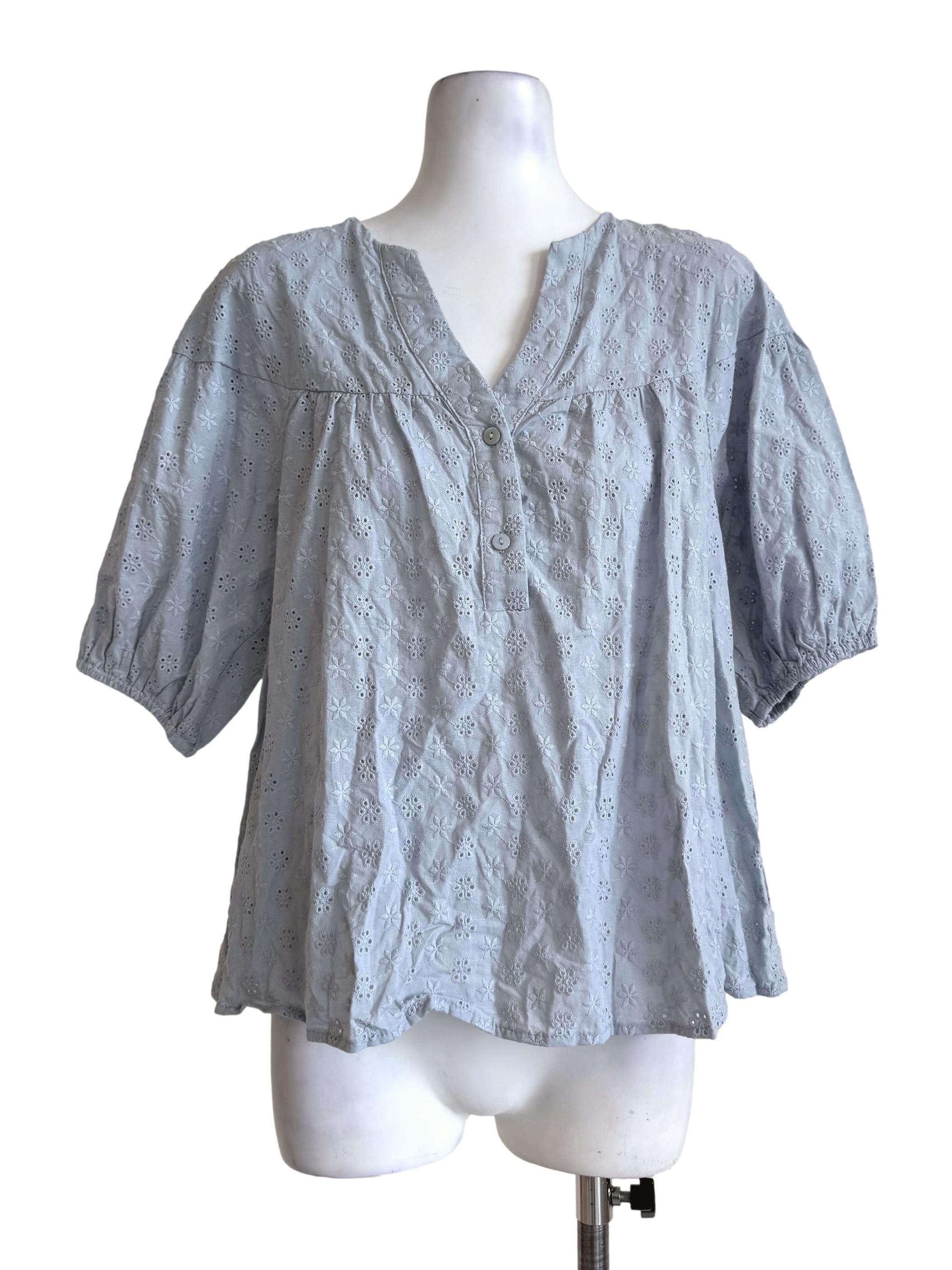 Light Blue Eyelet V Neck Blouse