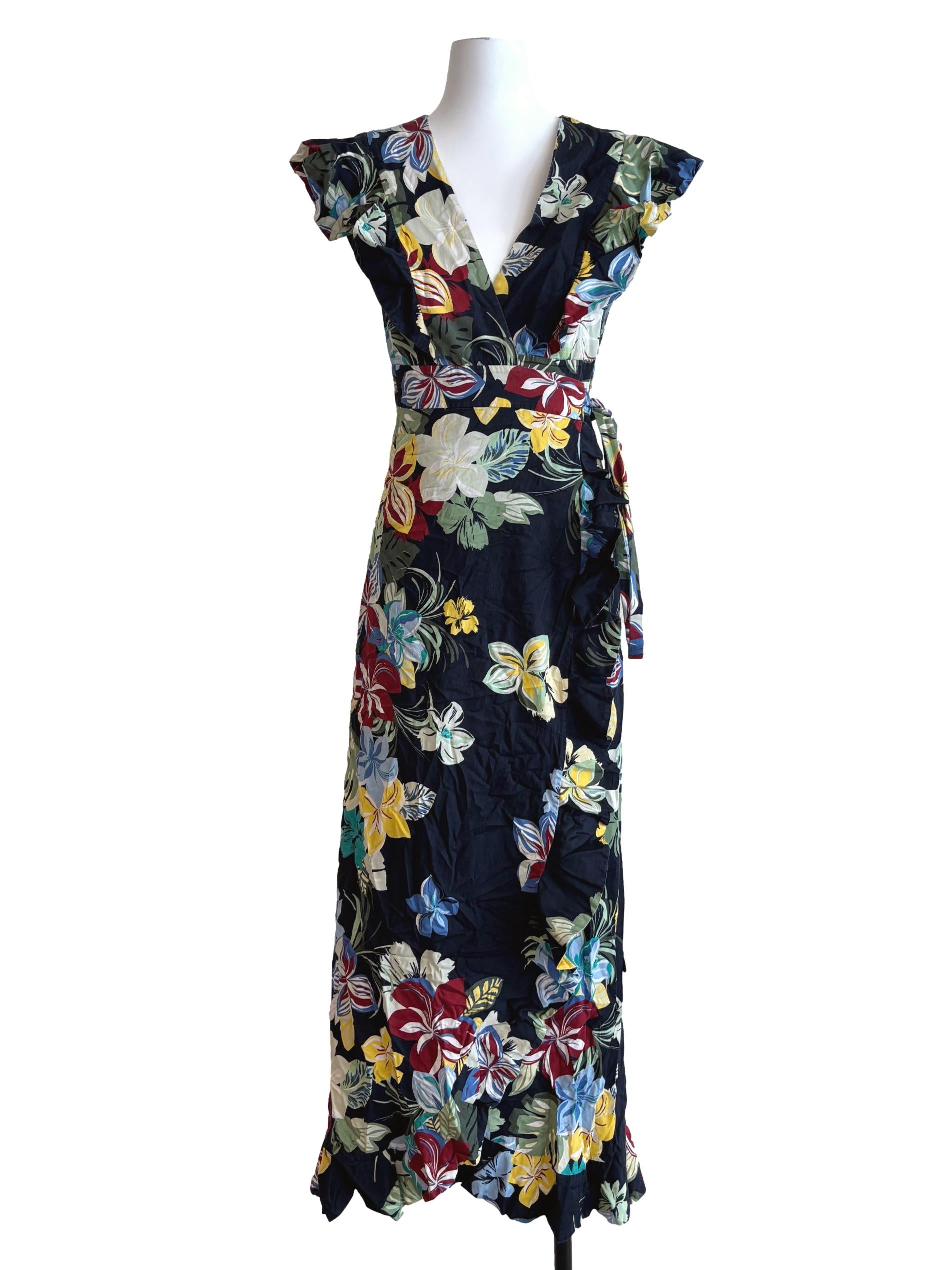 Blue Black Floral Cotton Wrap Dress
