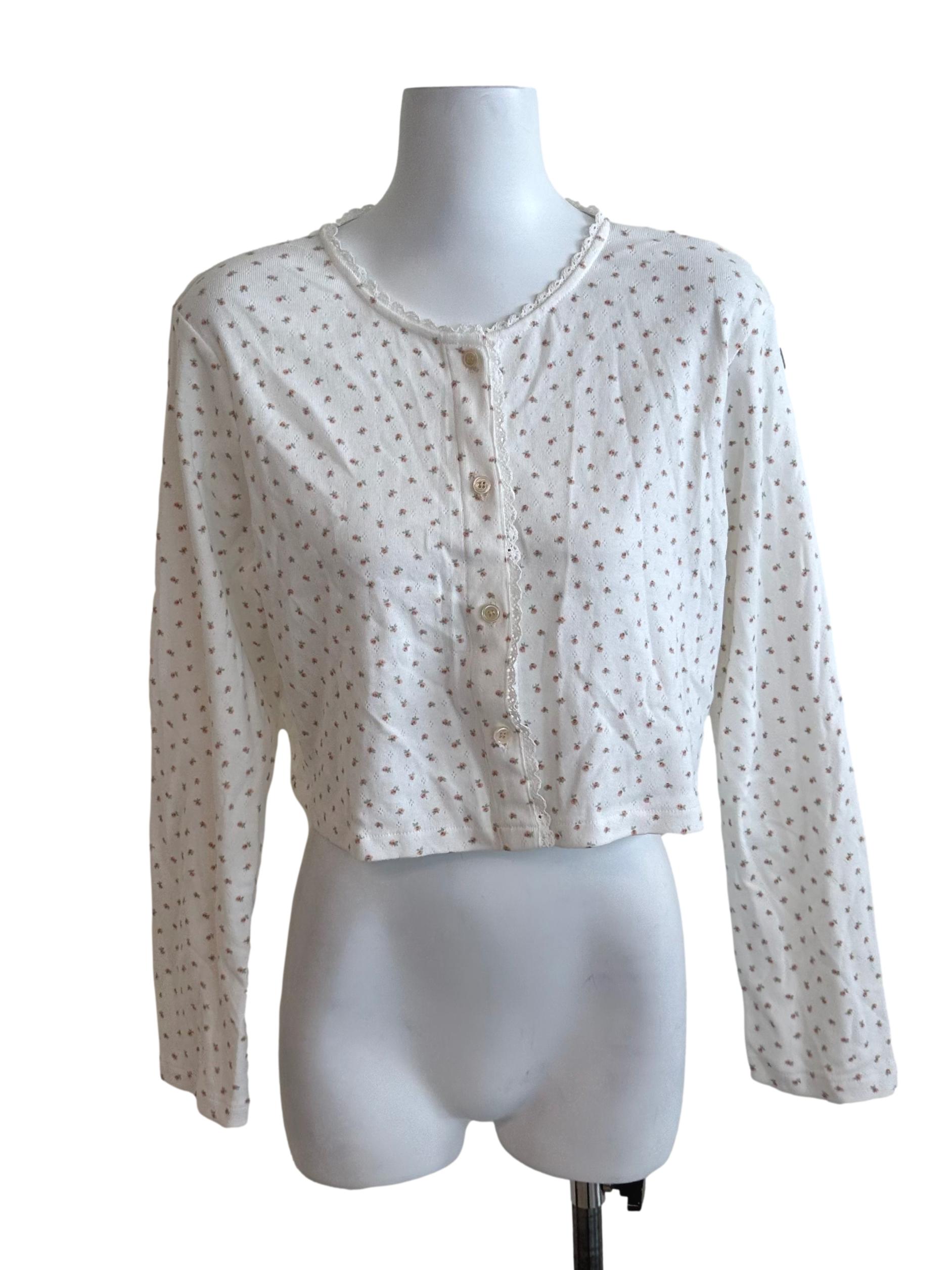 Cream White Pattern Button Cardigan