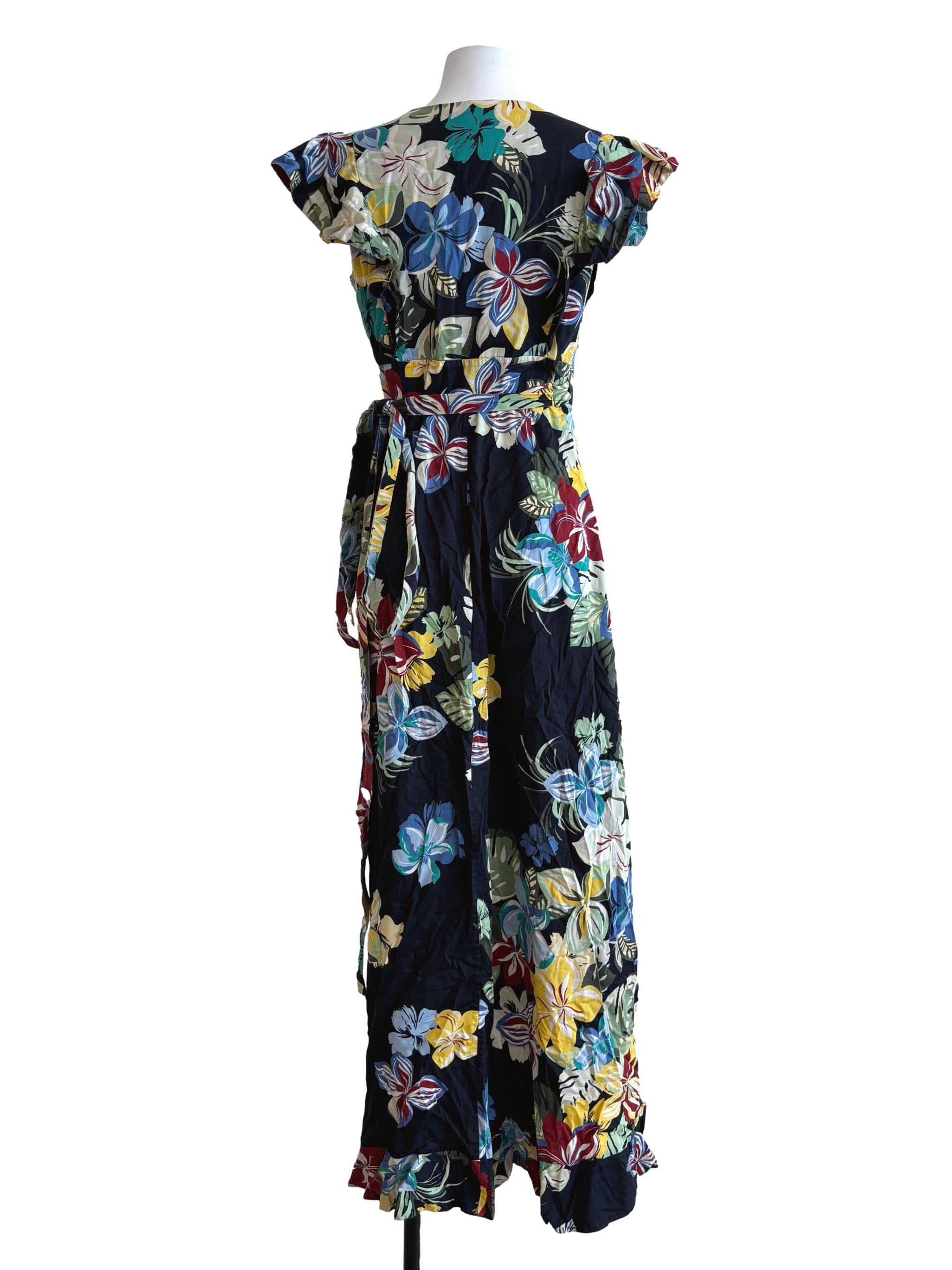 Blue Black Floral Cotton Wrap Dress