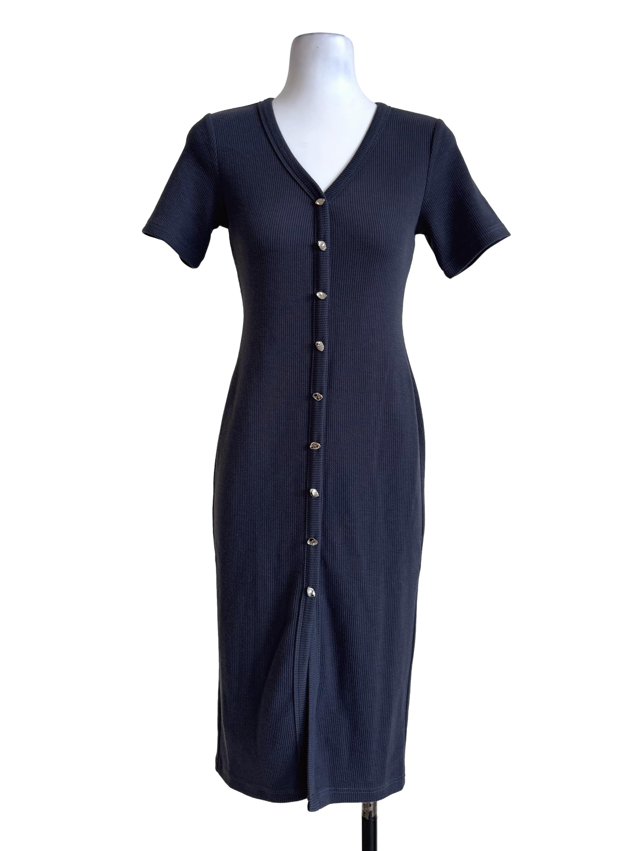 Ash Blue V Neck Ribbed Midi Dress