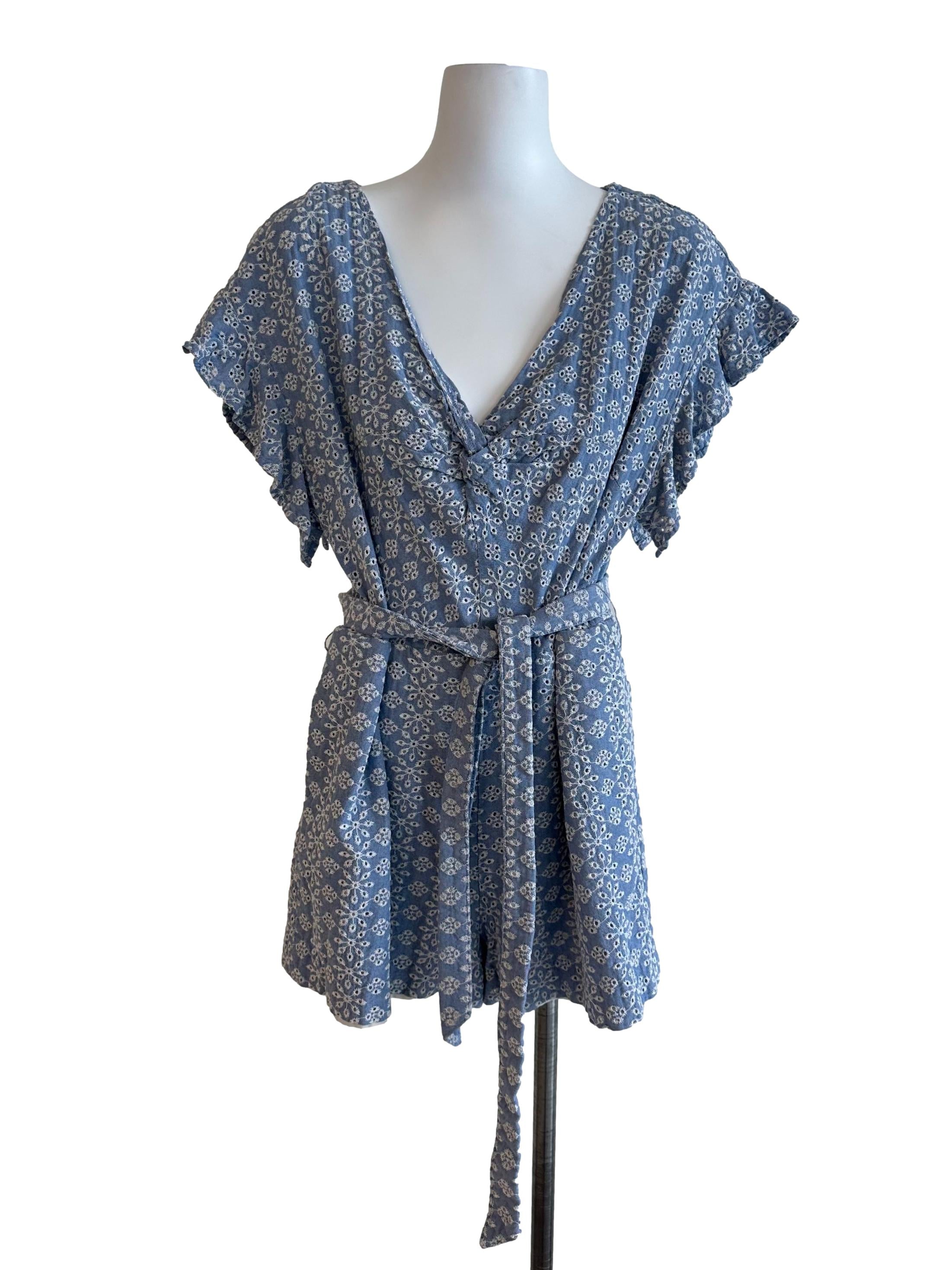 Dusty Blue Embroidery Strap Romper