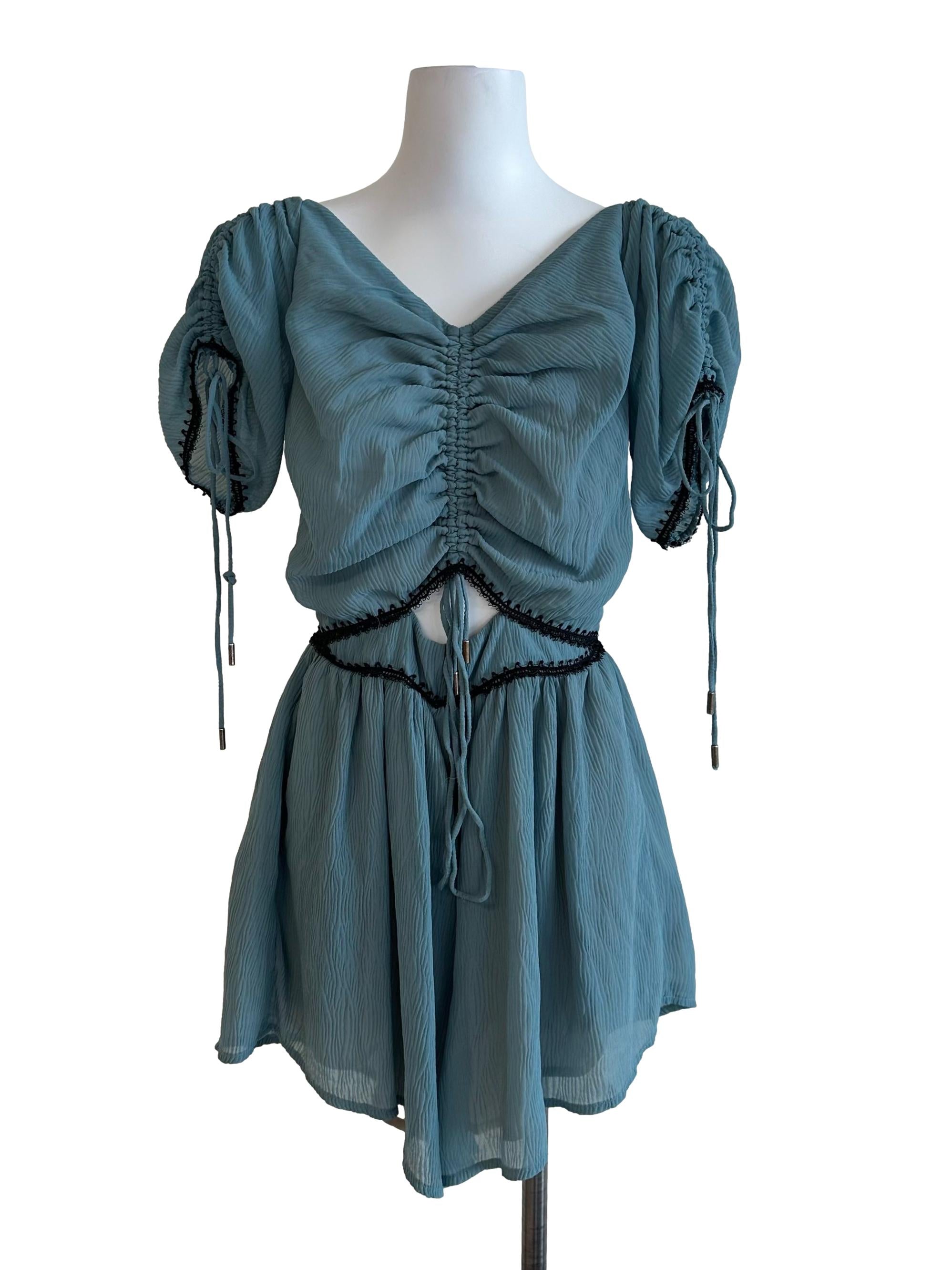 Aqua Green Ruched Textured Romper