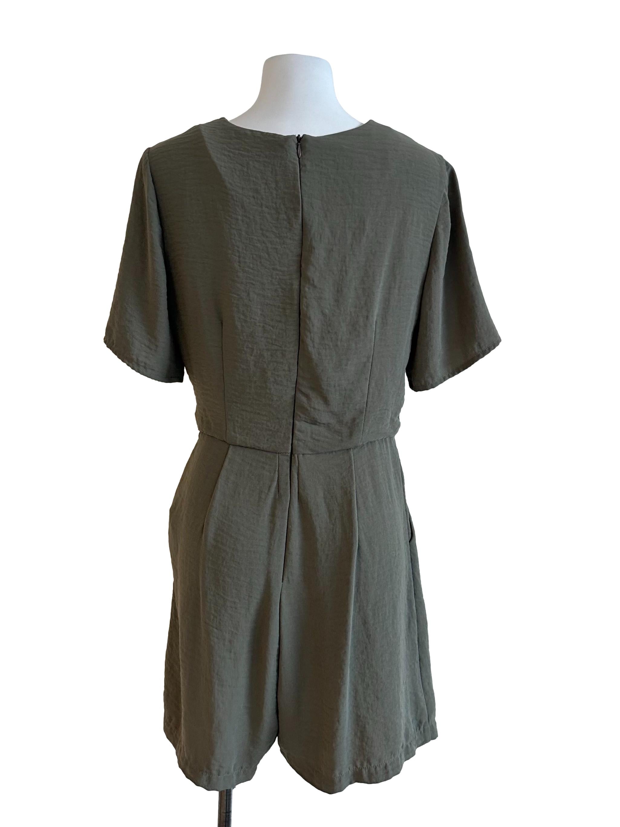 Moss Green Textured Box Pleated Romper