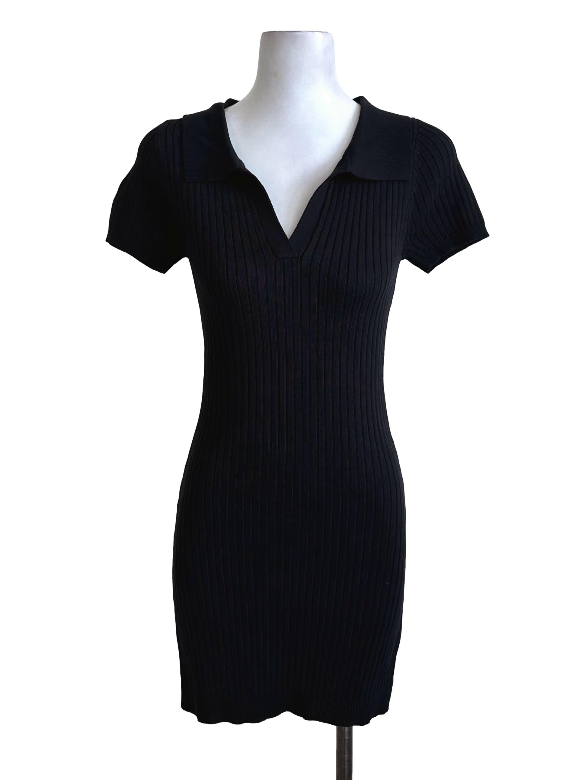 Black Knit Collar Short Sleeve Dress