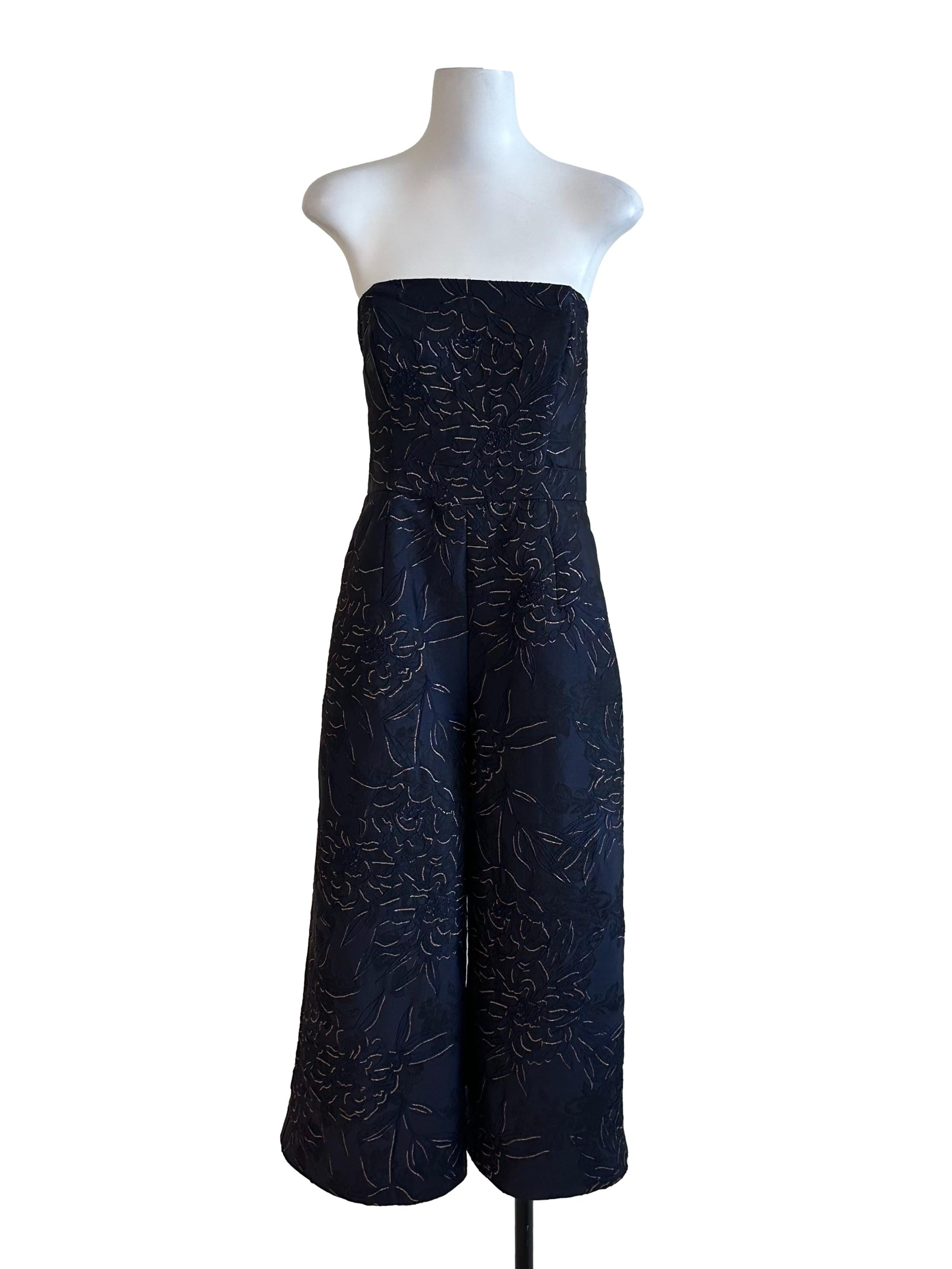 Navy Blue Textured Strapless Jumpsuit
