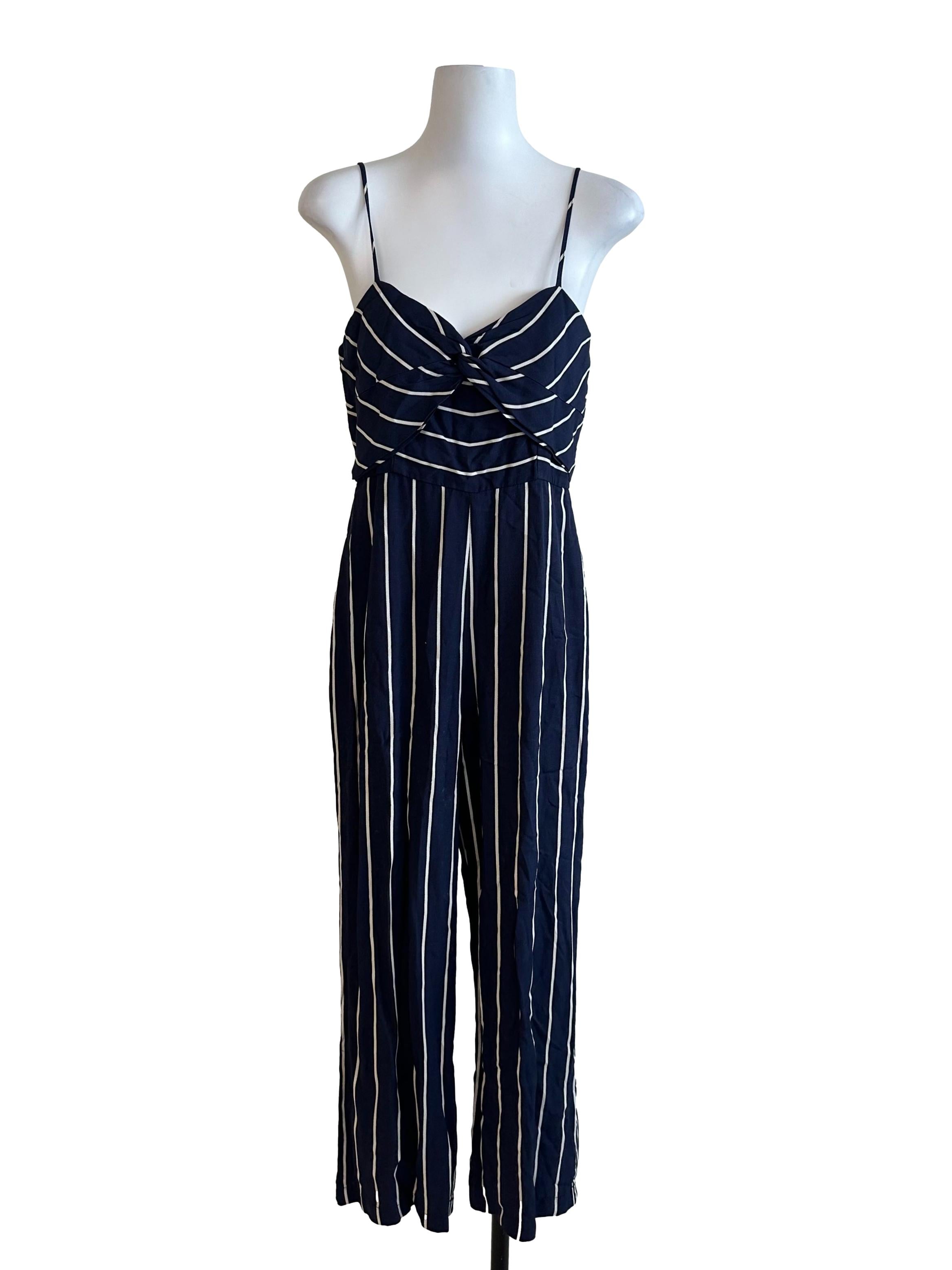 Navy Blue Stripe V Neck Jumpsuit