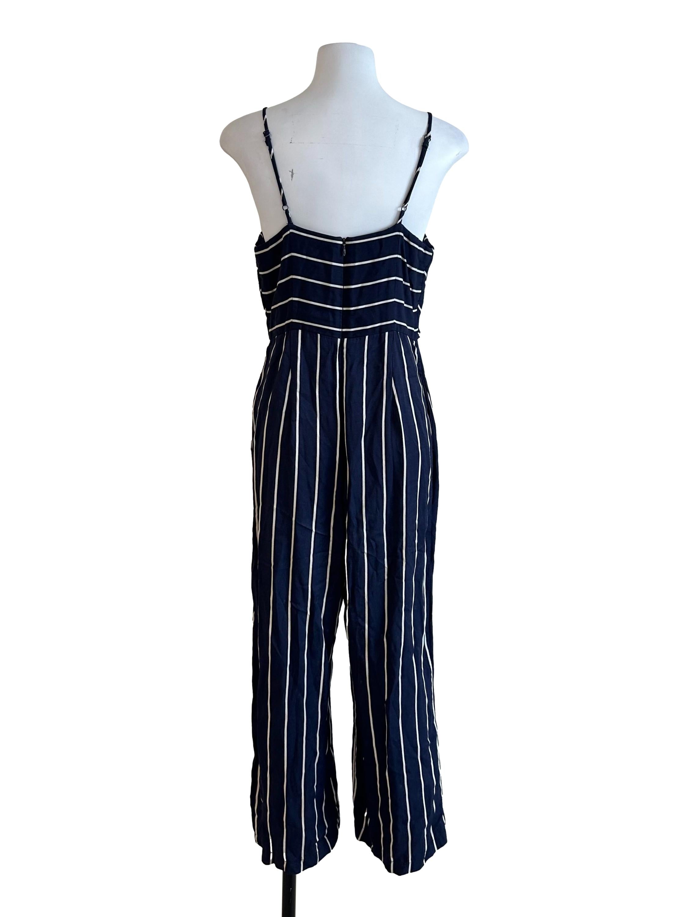 Navy Blue Stripe V Neck Jumpsuit