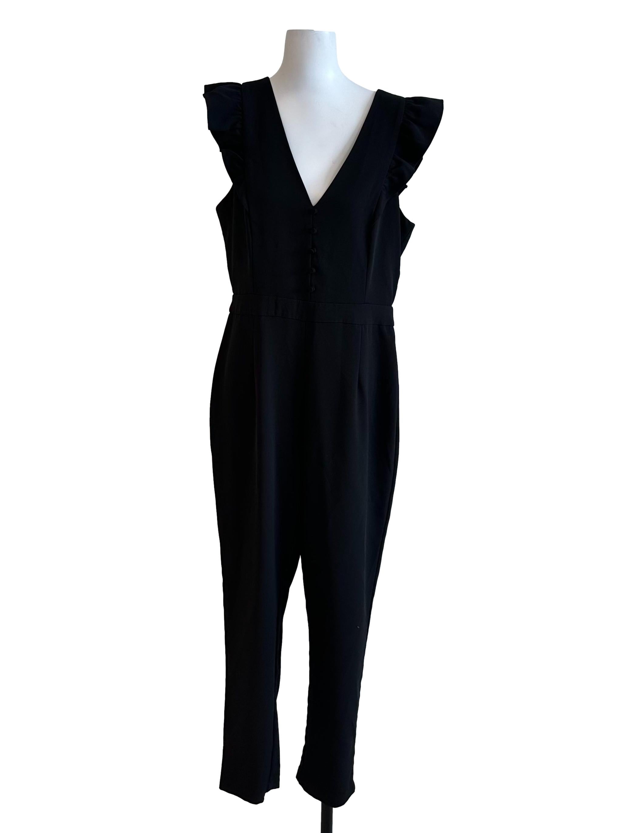 Raven Black V Neck Ruffle Sleeve Jumpsuit