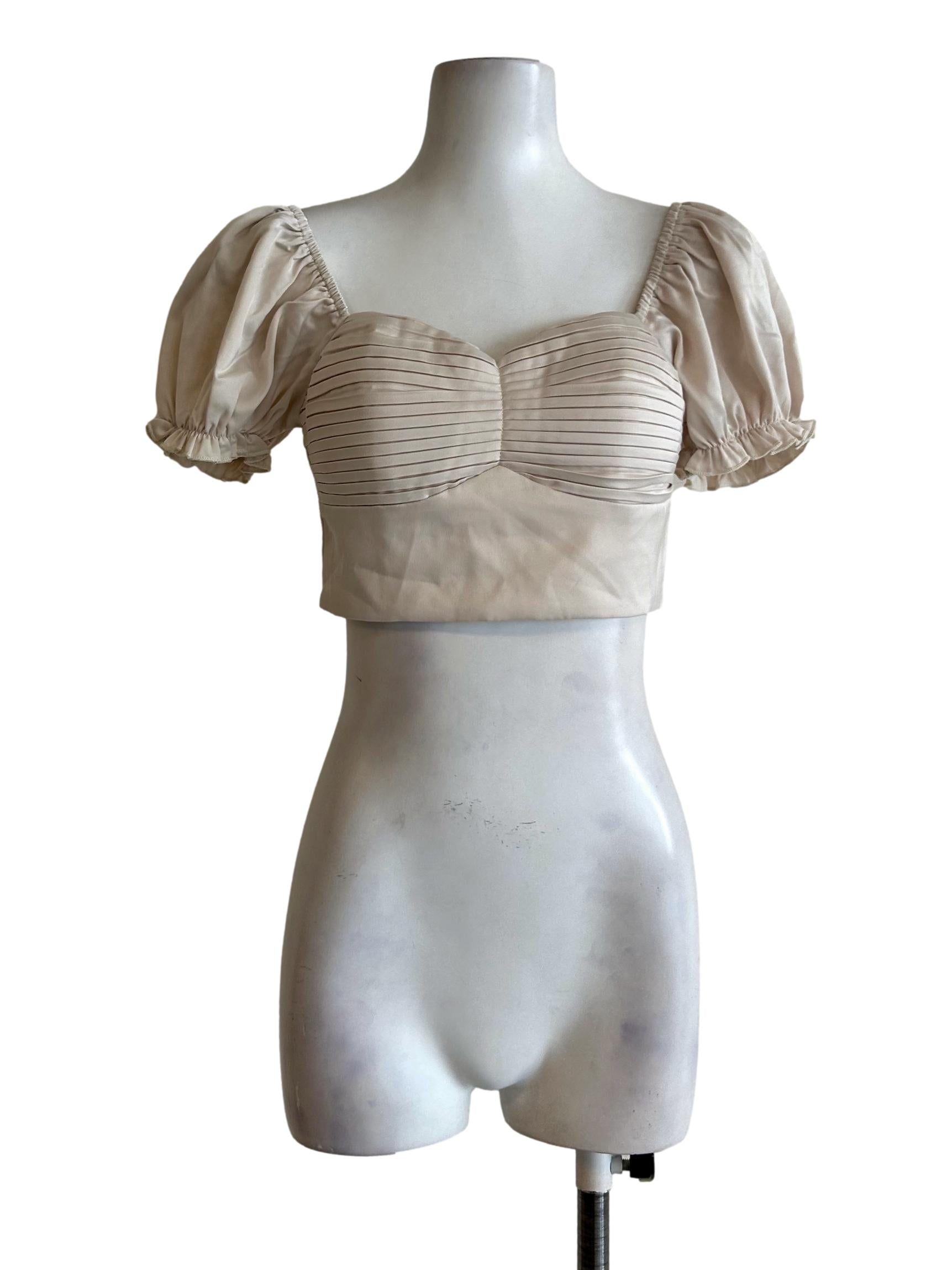Beige Pleated Puffy Sleeve Top