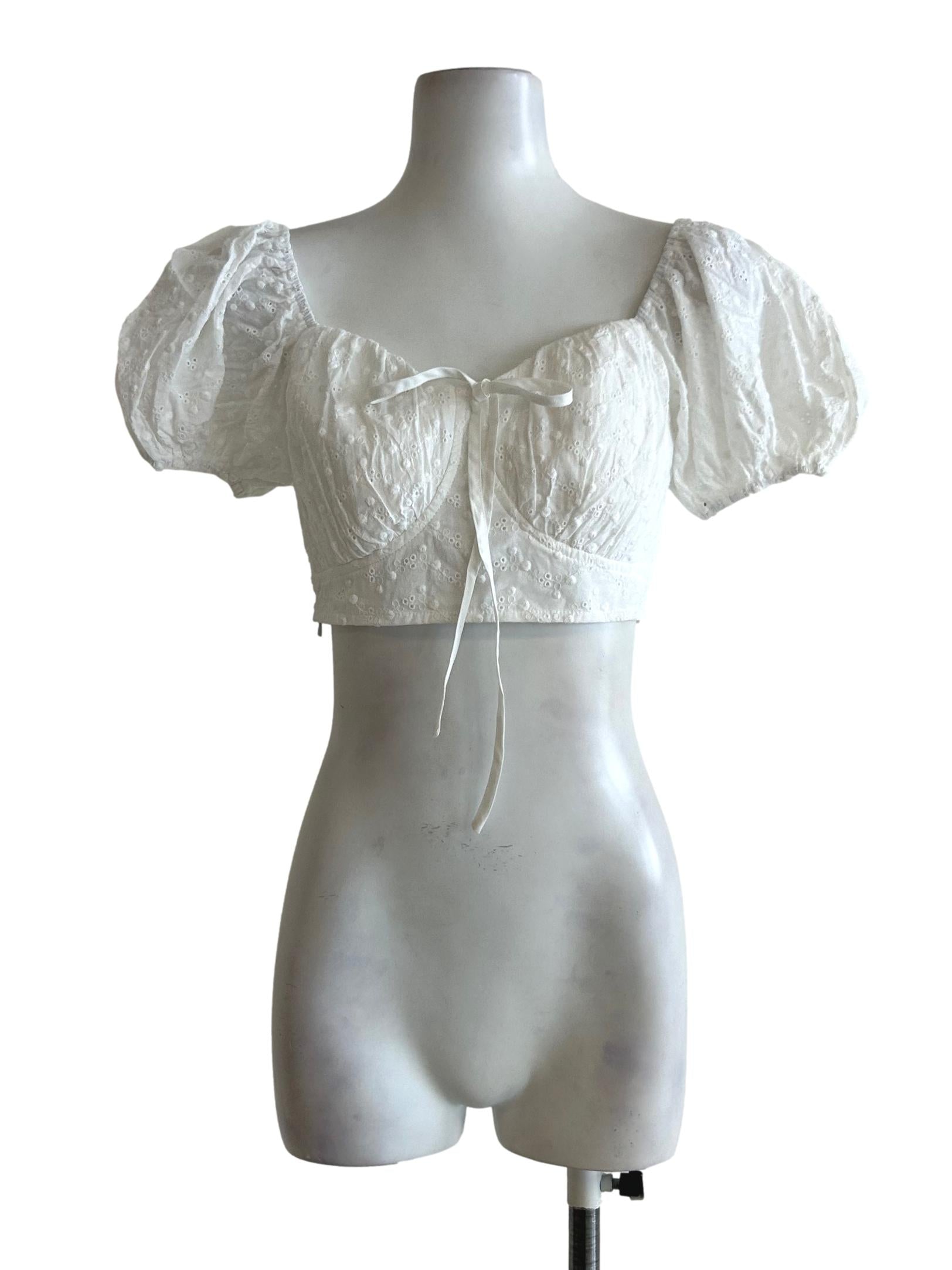 White Embroidered Puffy Sleeve Top