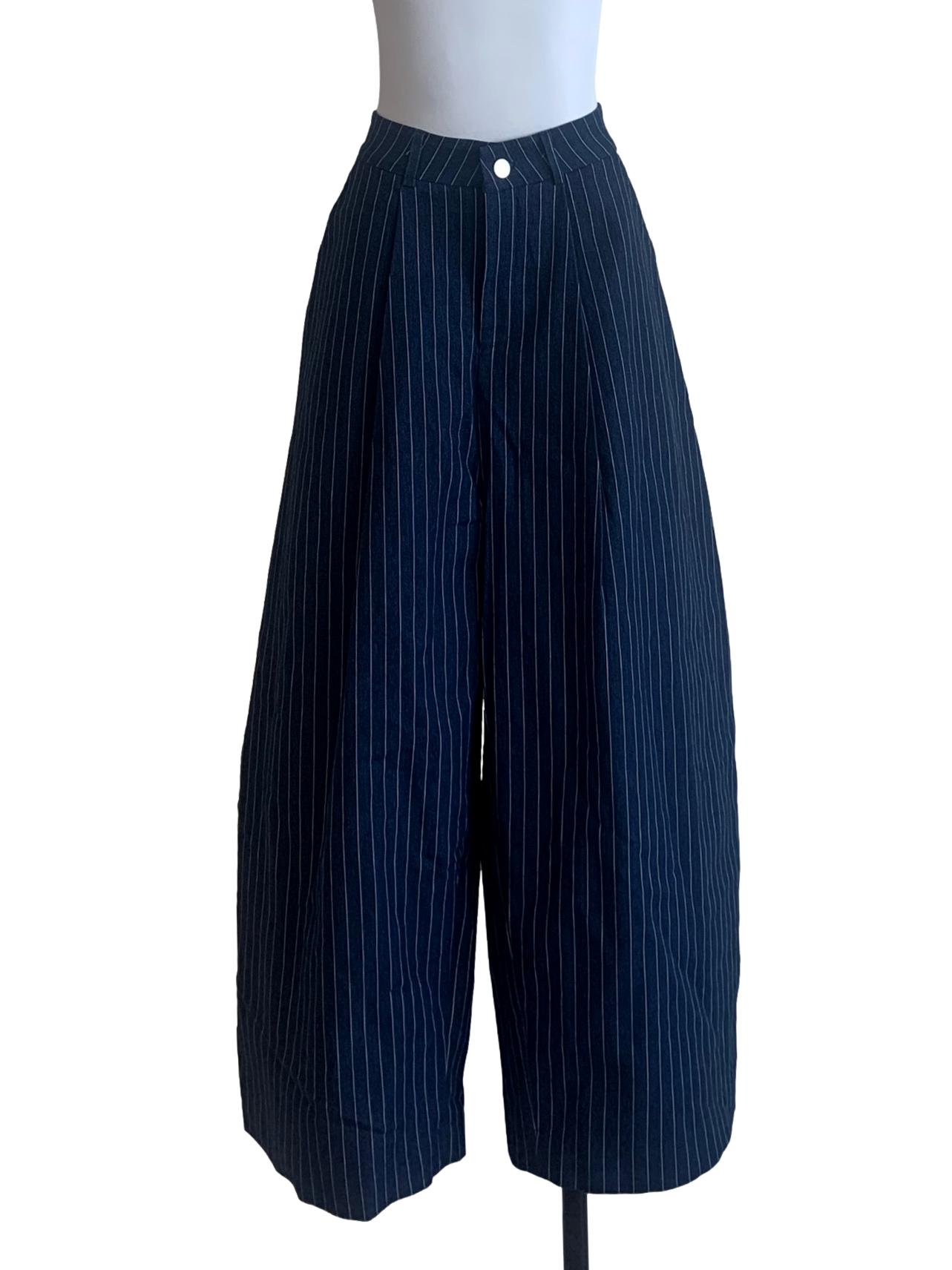 Blue Pinstripe Pattern Barrel Pants