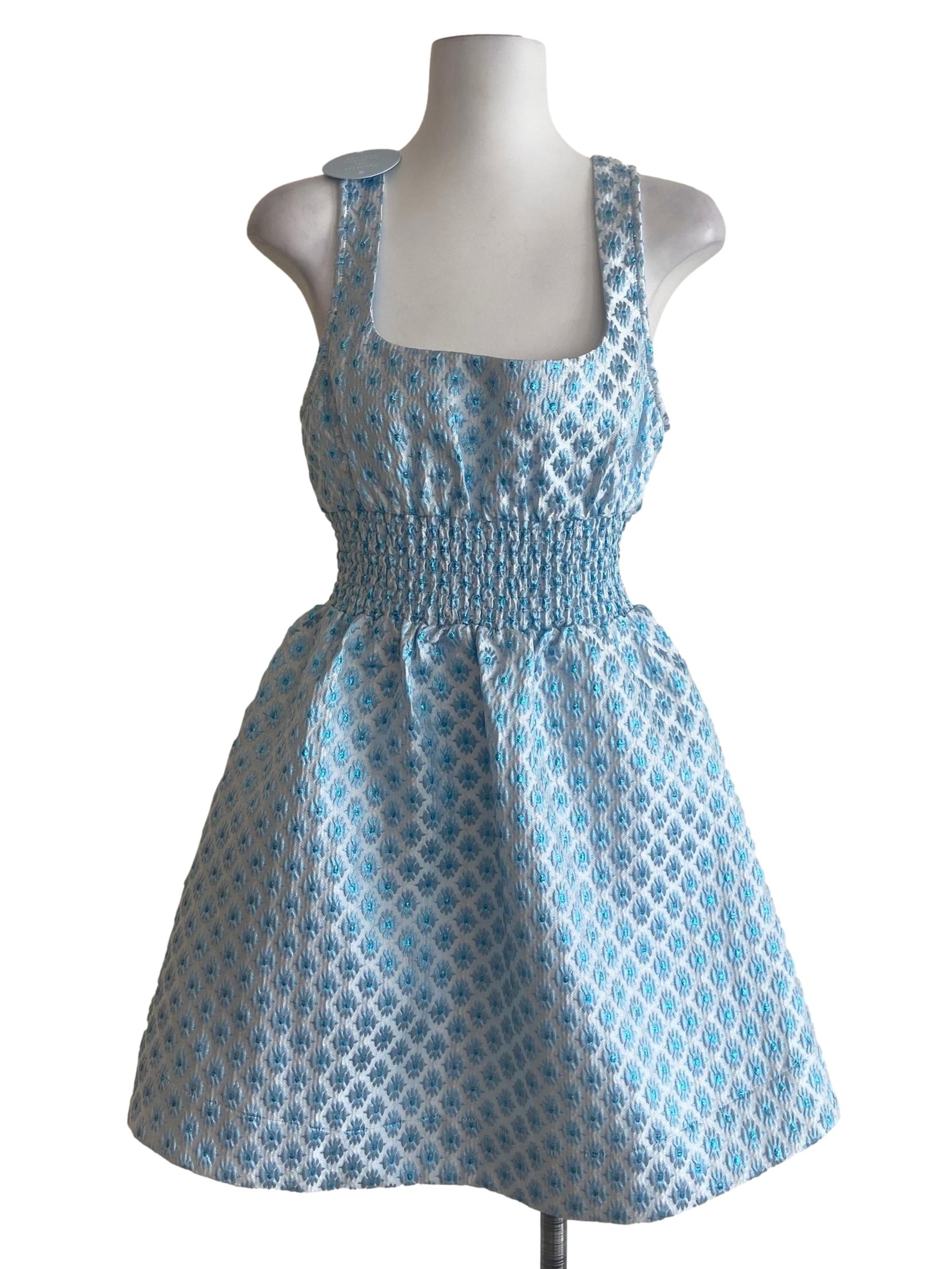 Blue Floral Brocade A Line Dress