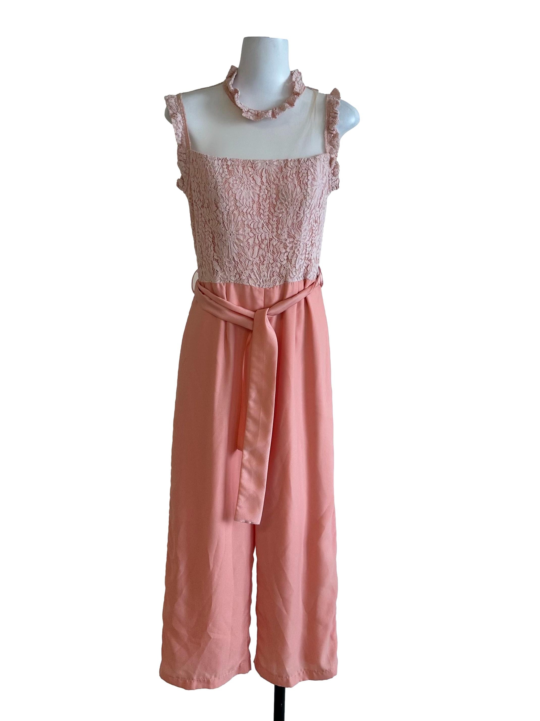 Peach Pink Lace Ruffle Jumpsuit