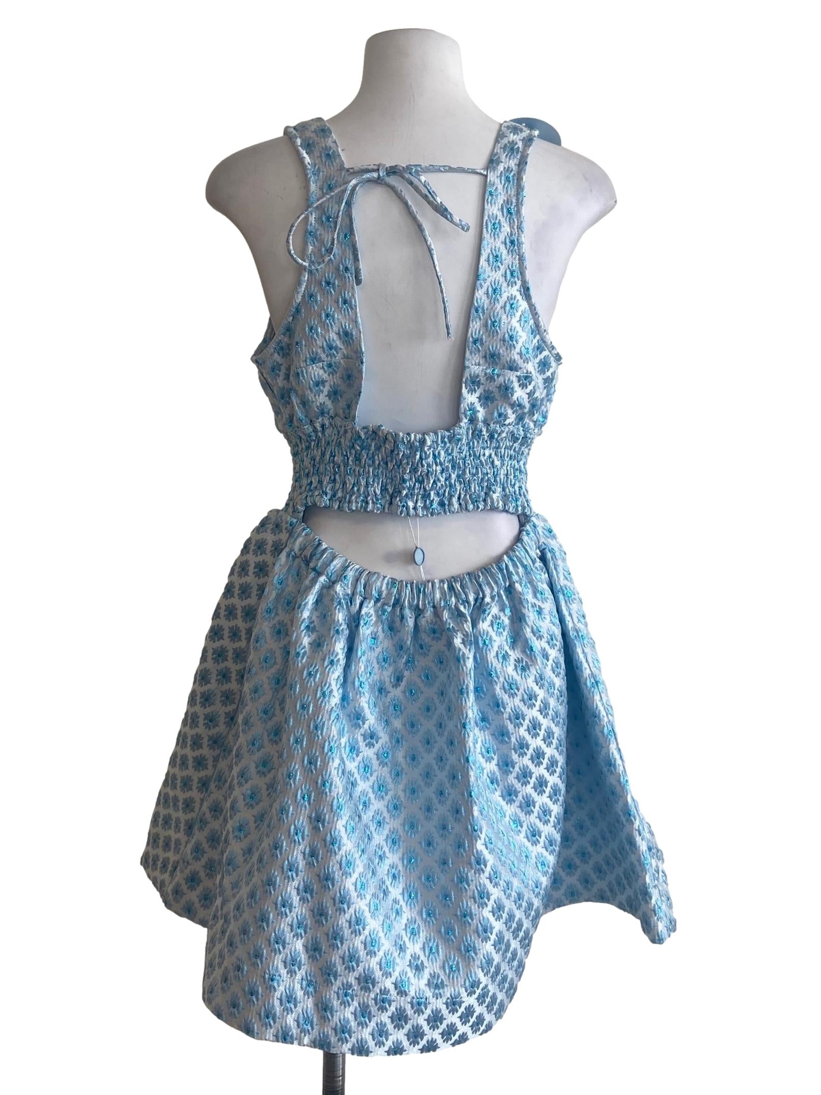 Blue Floral Brocade A Line Dress