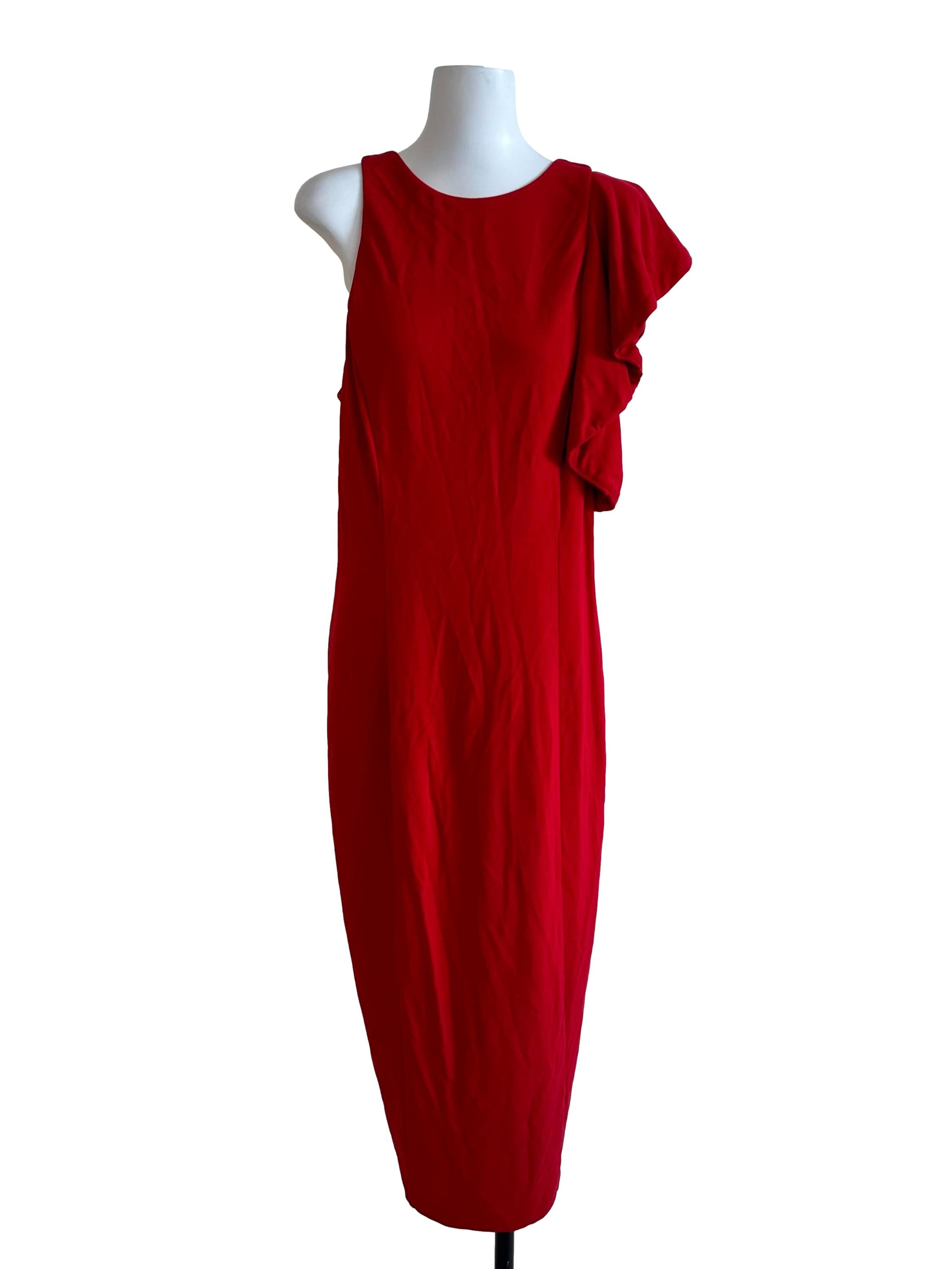 Chili Red Asymmetric Sleeve Ruched Dress