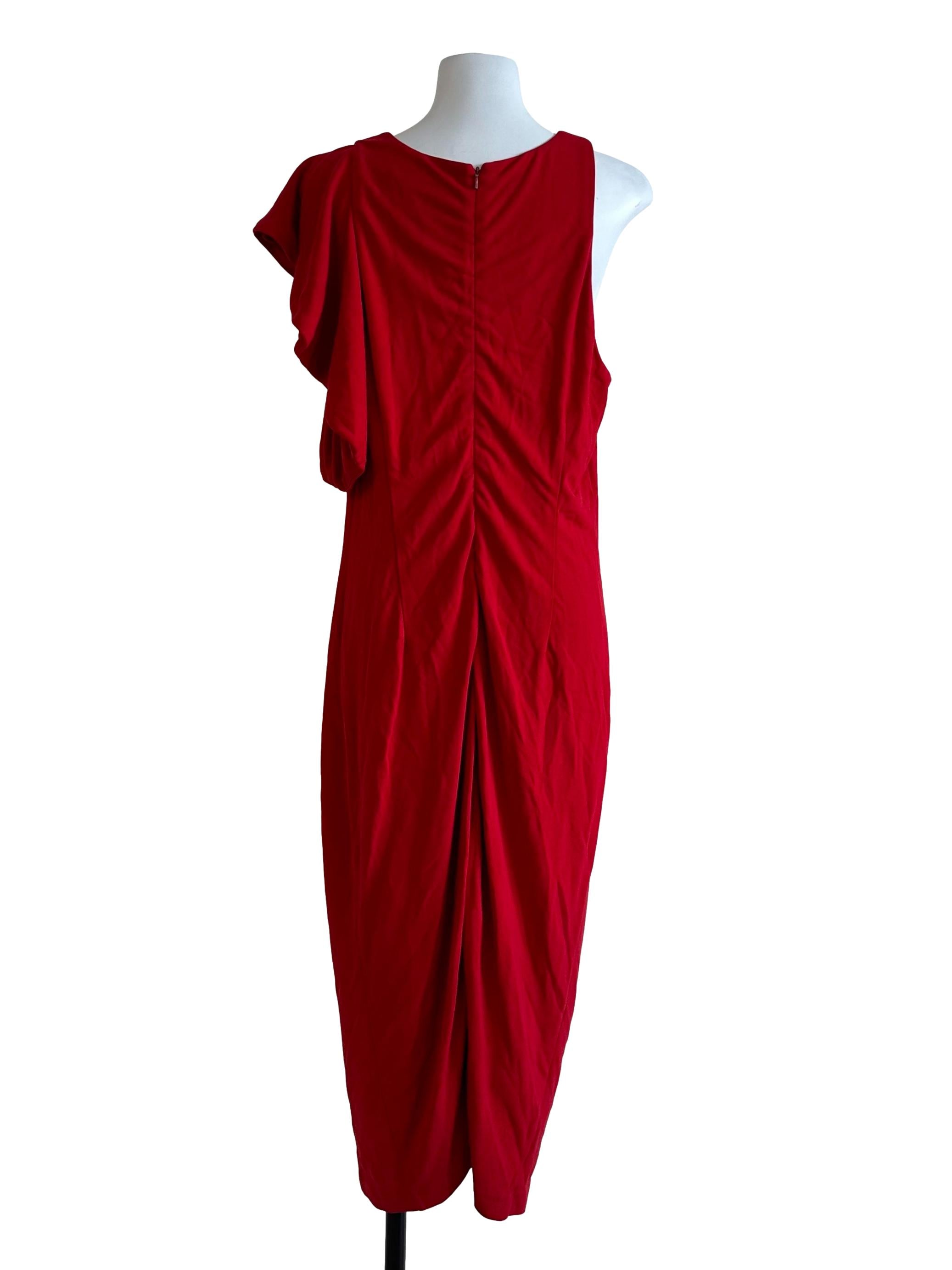 Chili Red Asymmetric Sleeve Ruched Dress
