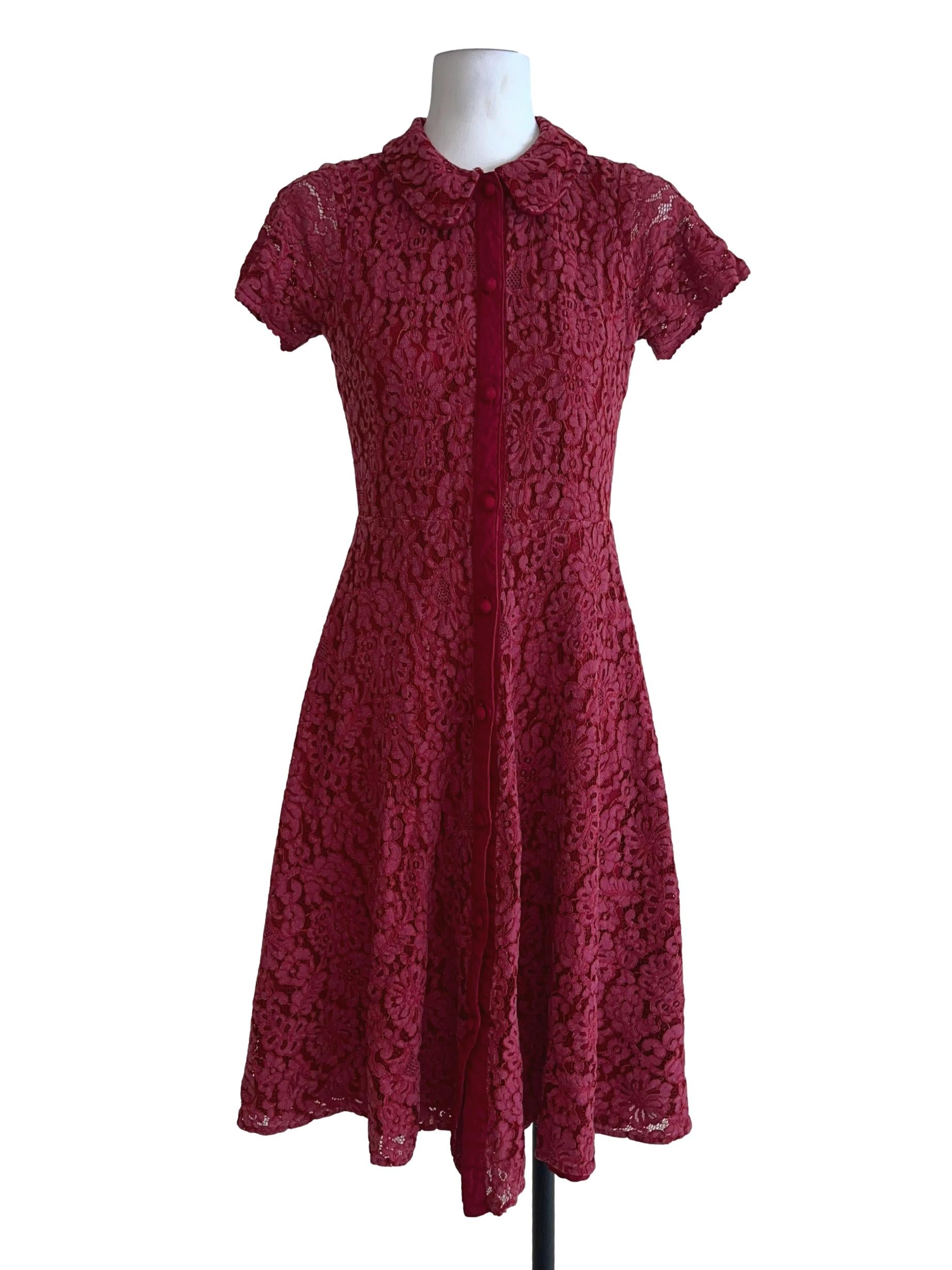 Berry Red Floral Lace Collared Dress