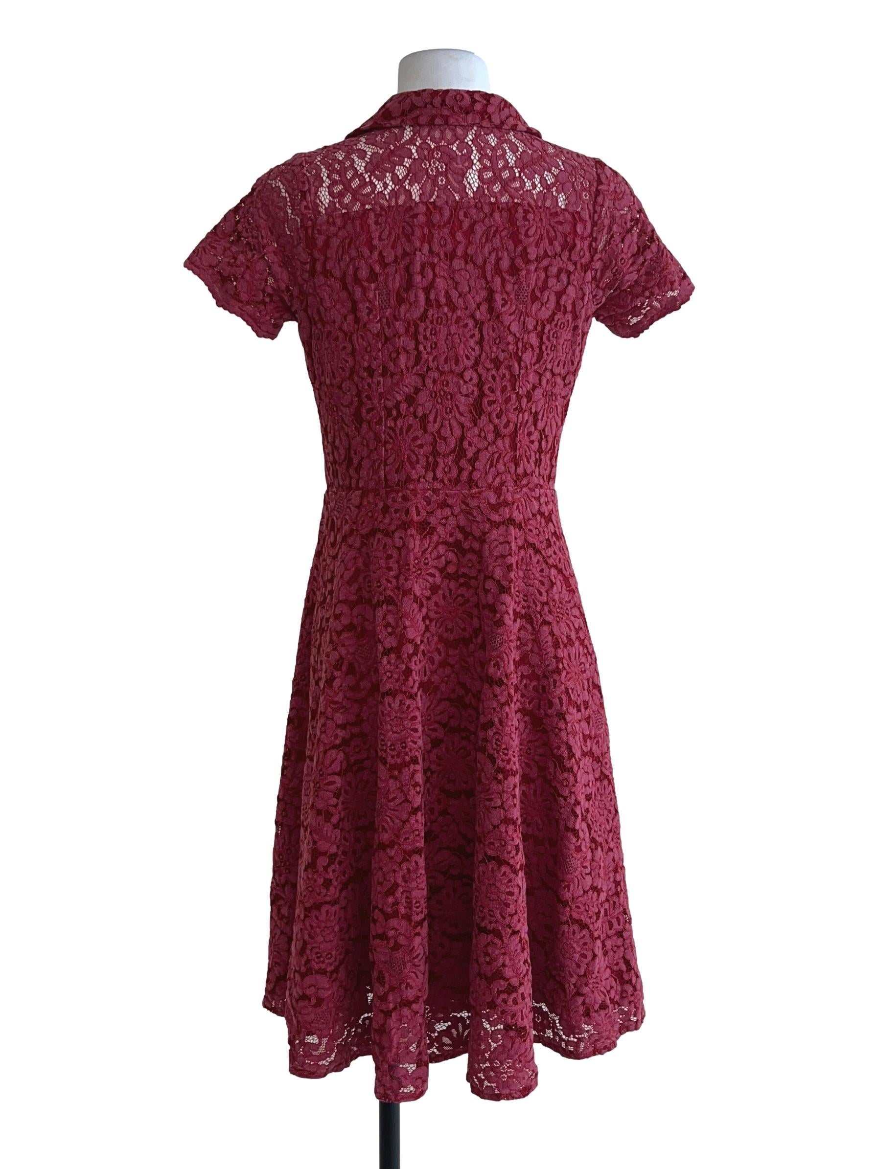 Berry Red Floral Lace Collared Dress