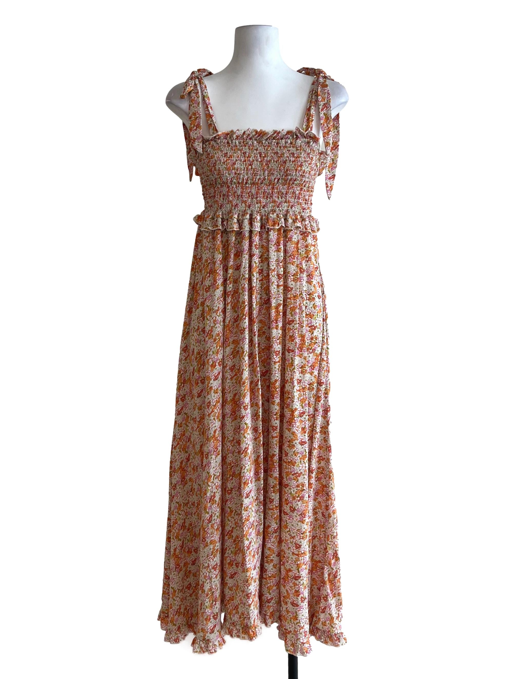 Fire Orange Floral Tie-Strap Midi Dress