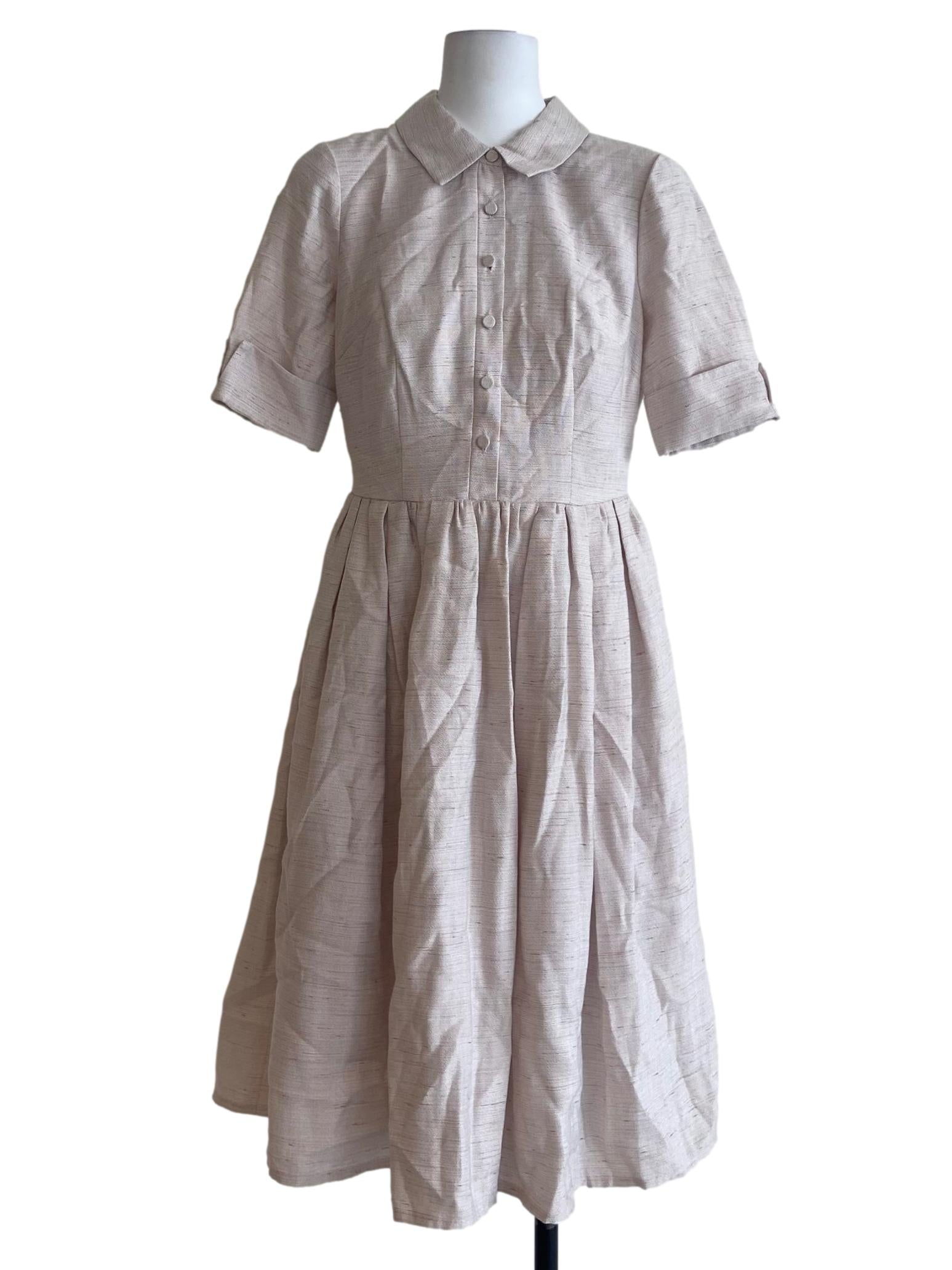 Parchment Beige Pleated Half Button Dress