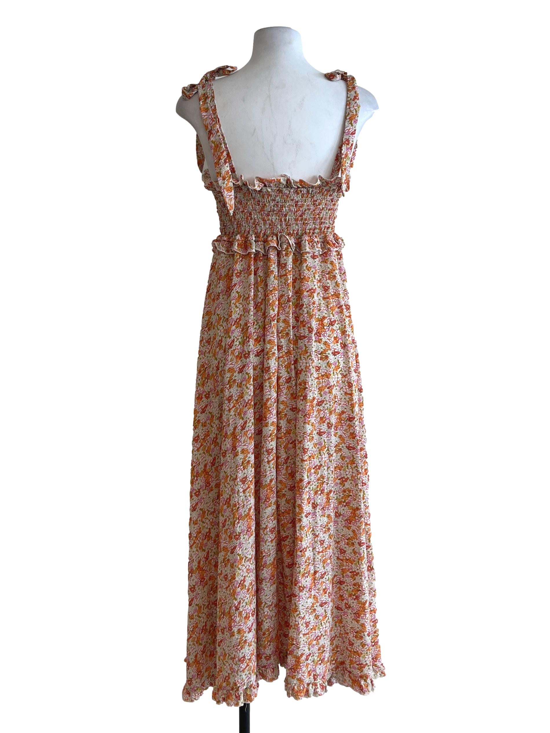 Fire Orange Floral Tie-Strap Midi Dress
