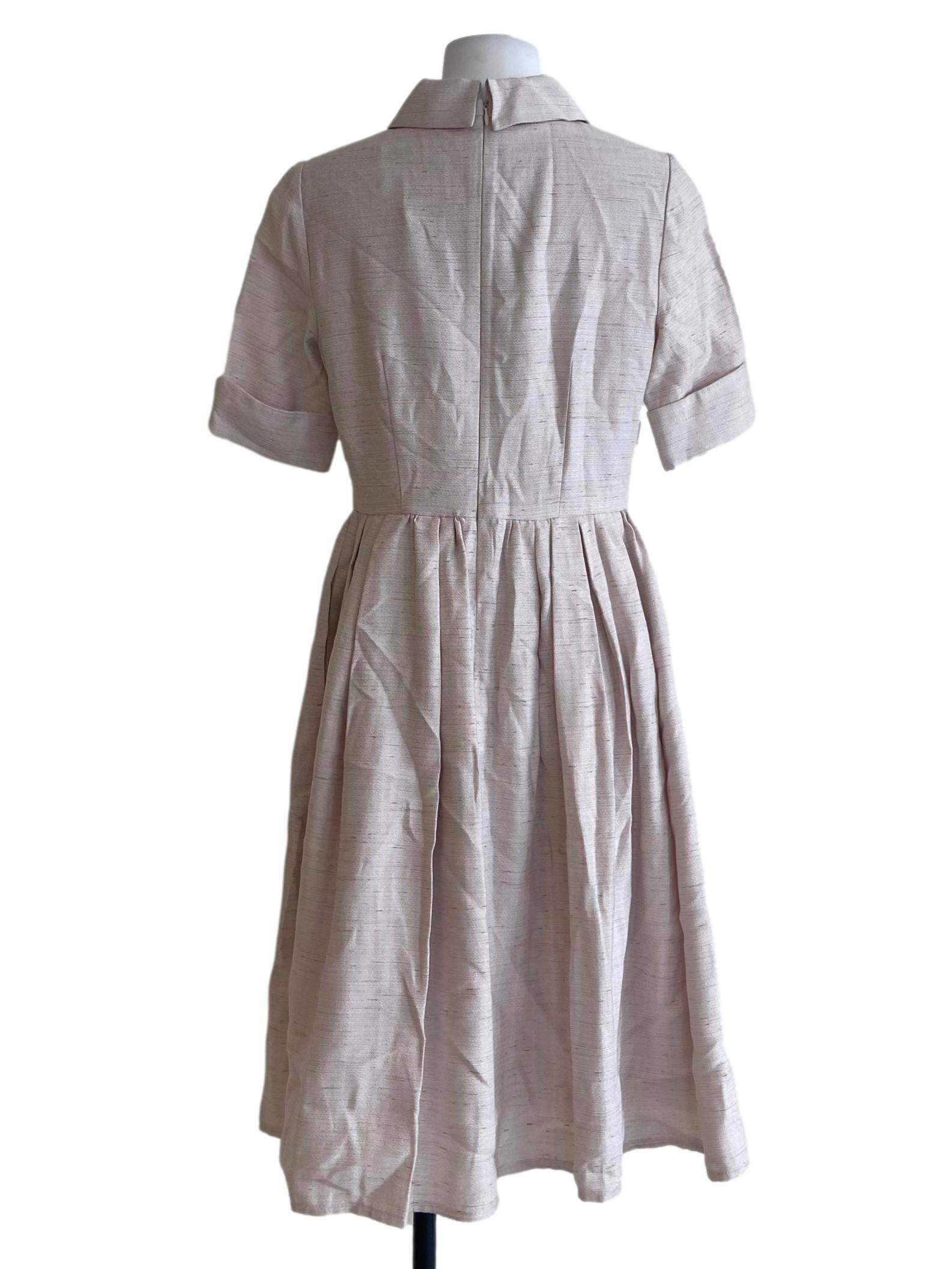 Parchment Beige Pleated Half Button Dress