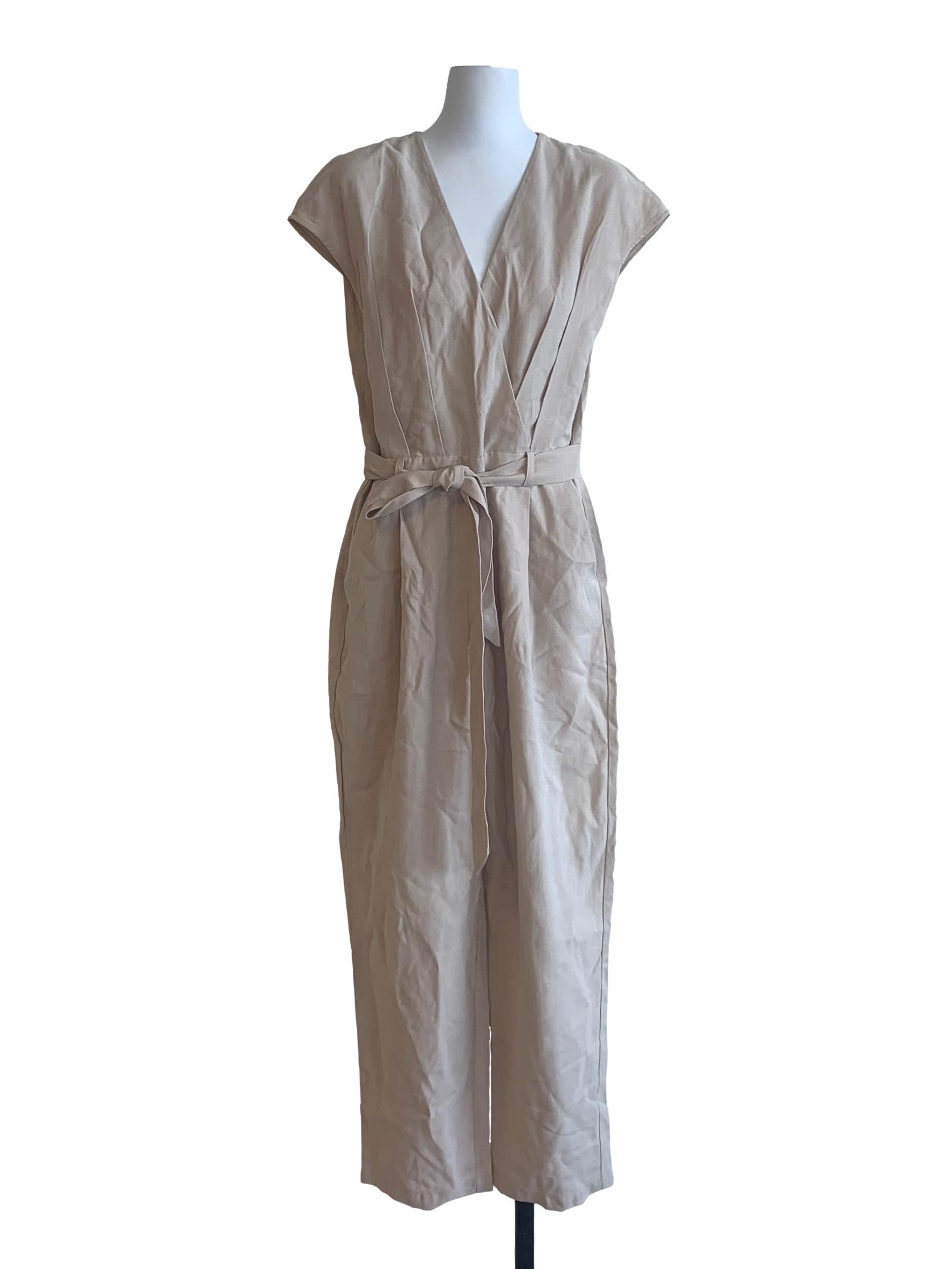 Bone Beige Deep V Neck Jumpsuit
