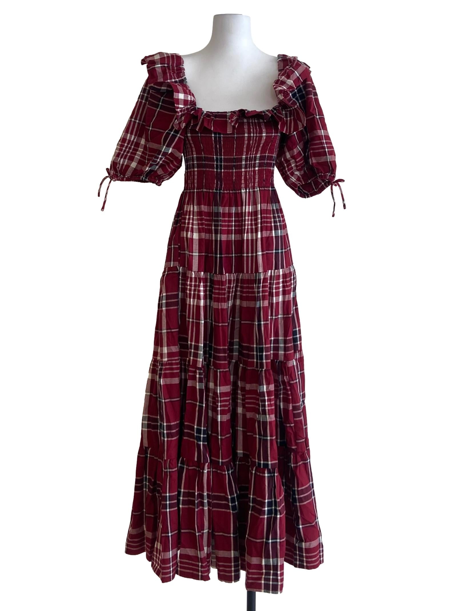 Crimson Red Tartan Pegged Waist Empire Dress