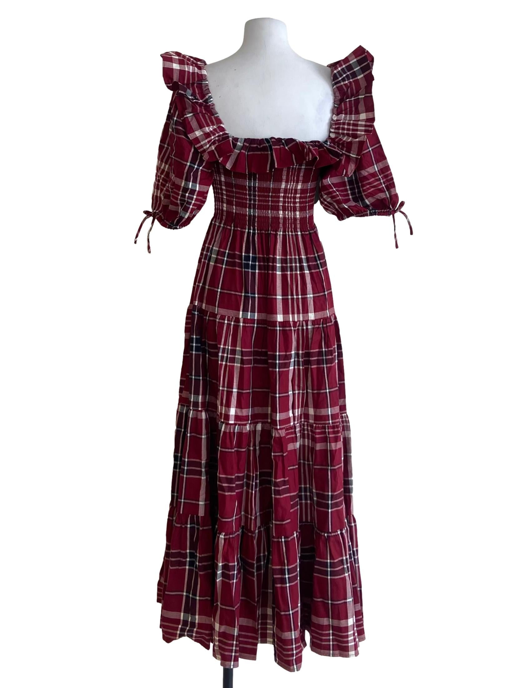 Crimson Red Tartan Pegged Waist Empire Dress