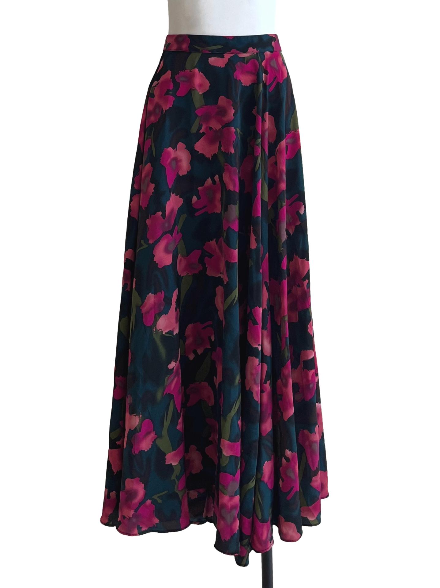 Jade Black & Pink Floral Flowing Skirt