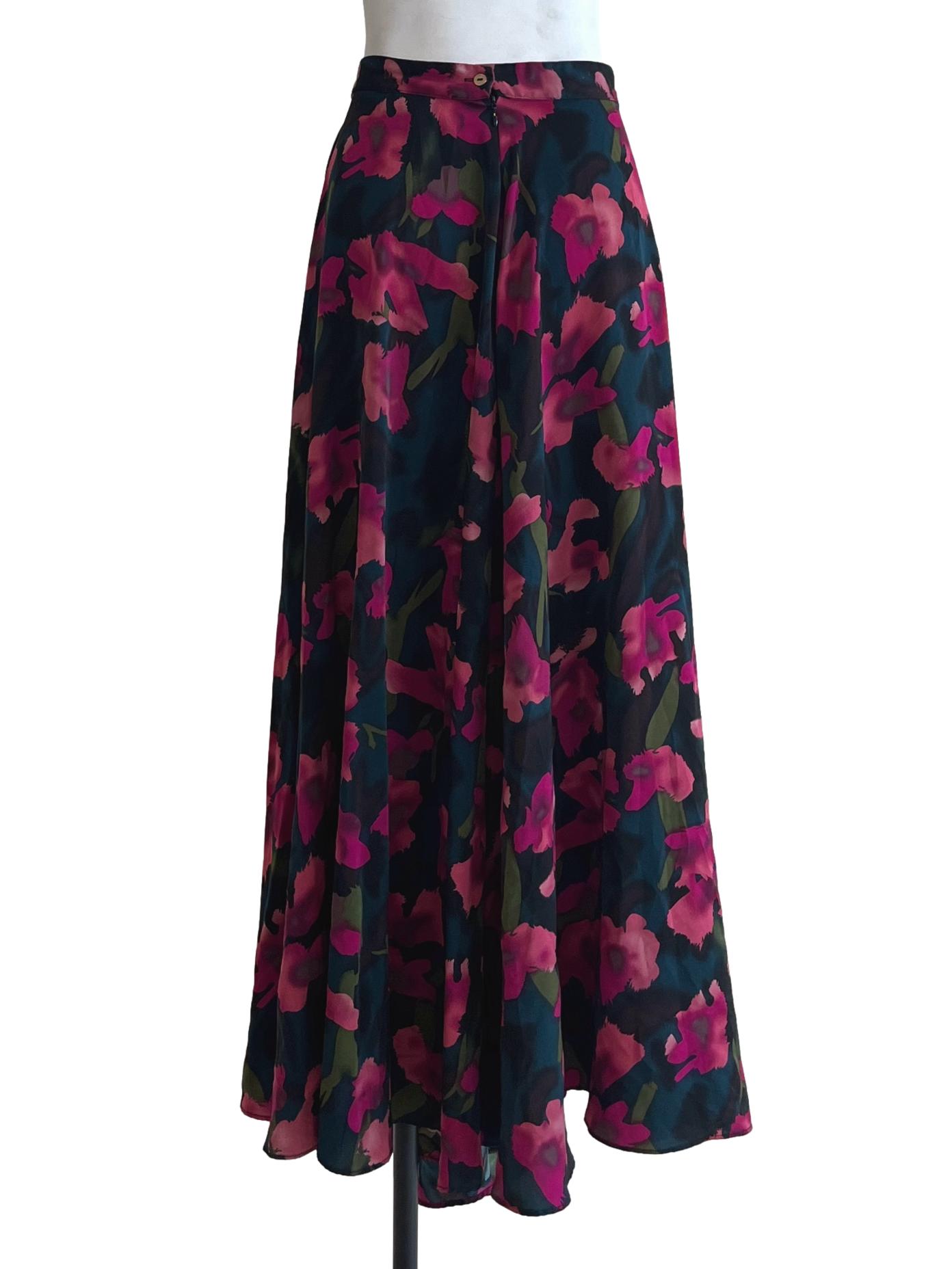 Jade Black & Pink Floral Flowing Skirt