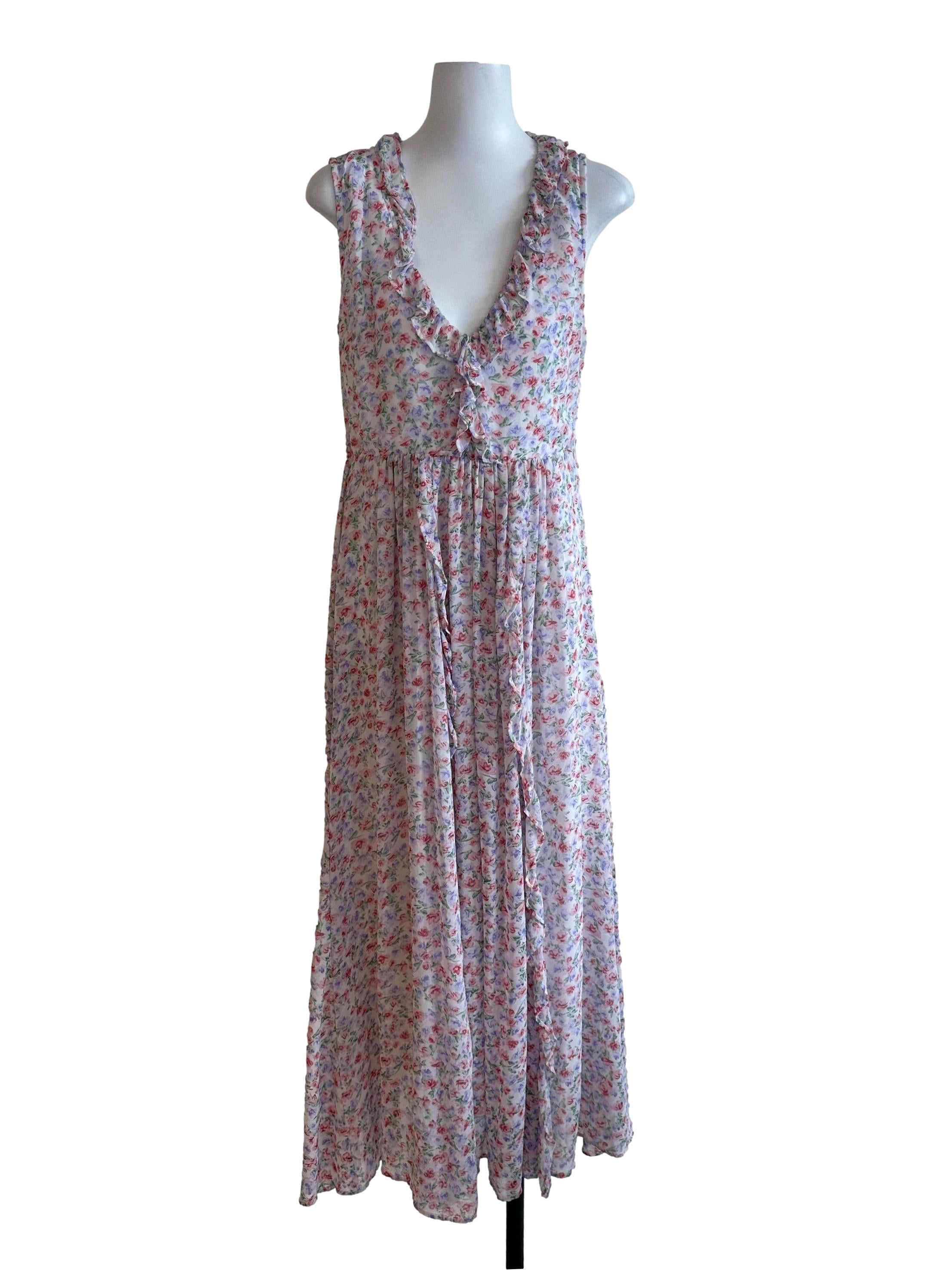 Ivory White Floral V Neck Ruffle Dress