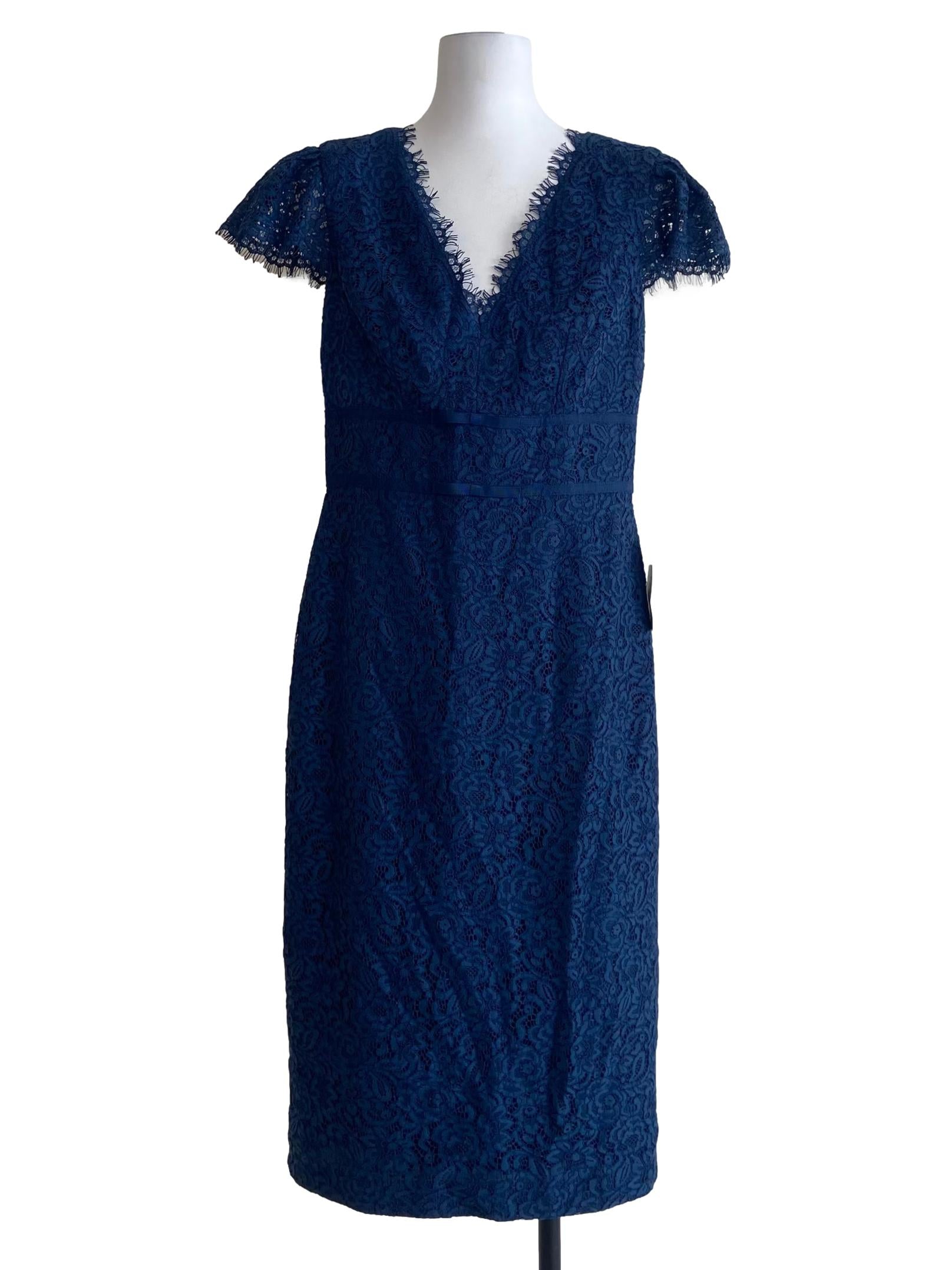 Navy Blue Floral Lace V Neck Slit Shift Dress