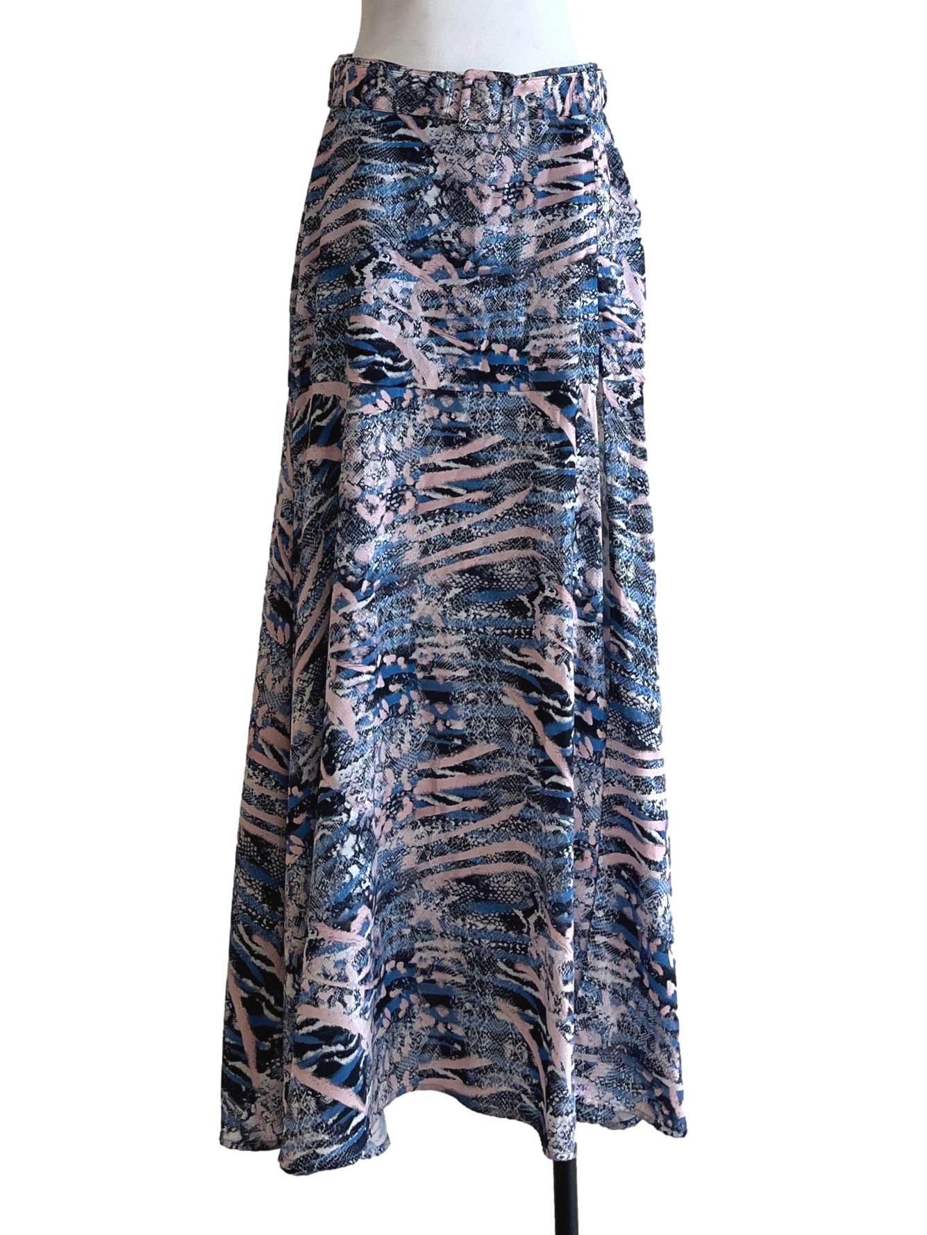 Slate Blue Abstract Print Long Skirt