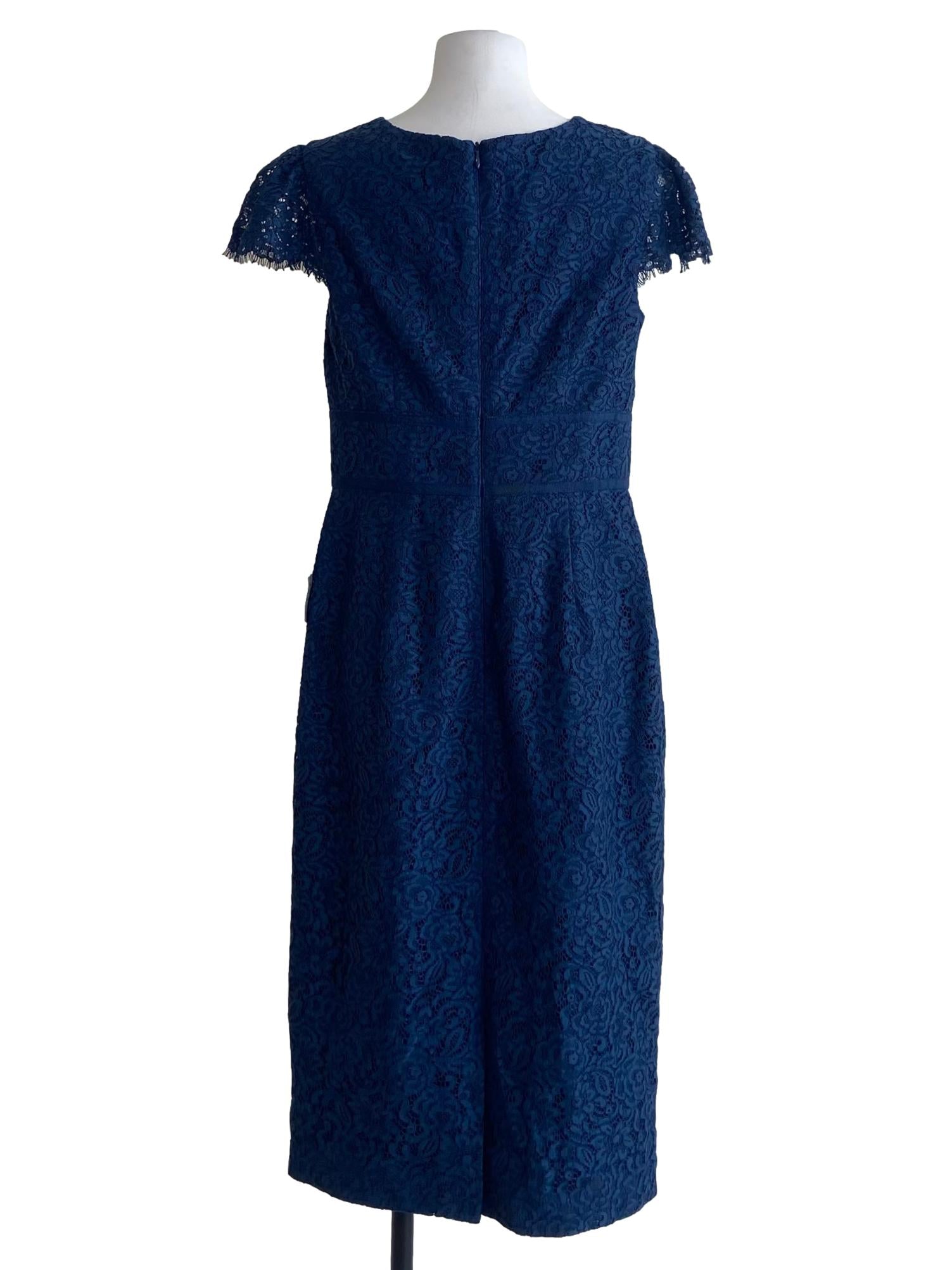 Navy Blue Floral Lace V Neck Slit Shift Dress