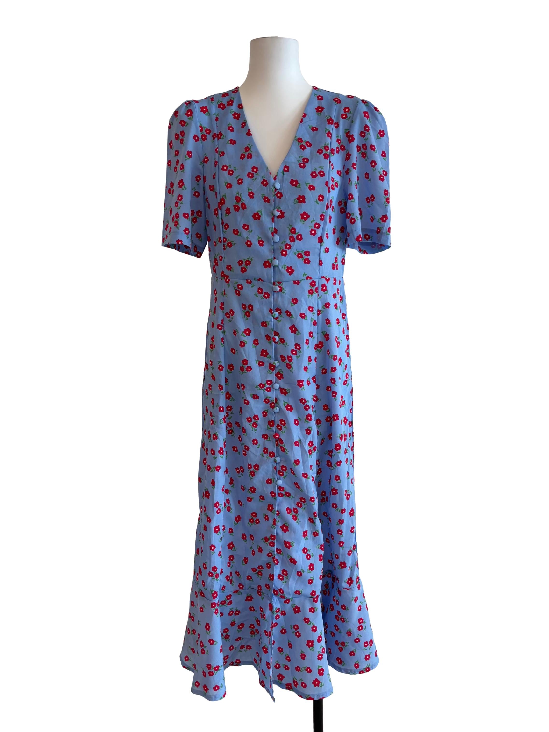 Carolina Blue Red Flower Print Buttoned Dress