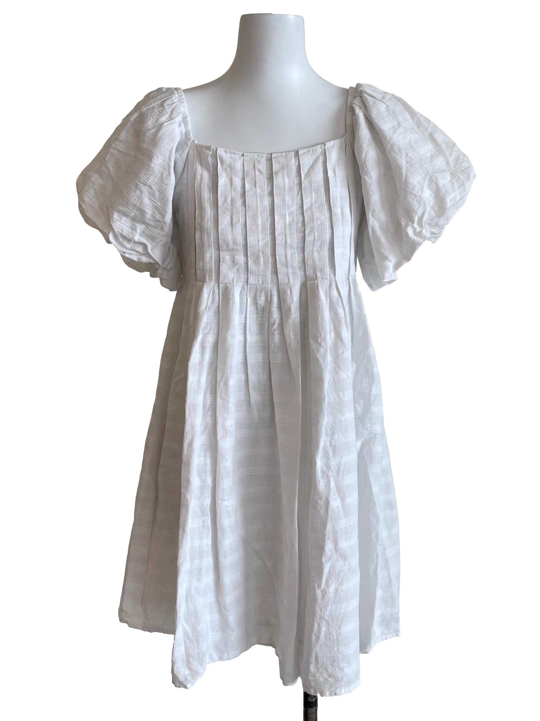 White Pleated Puff Sleeves Dress