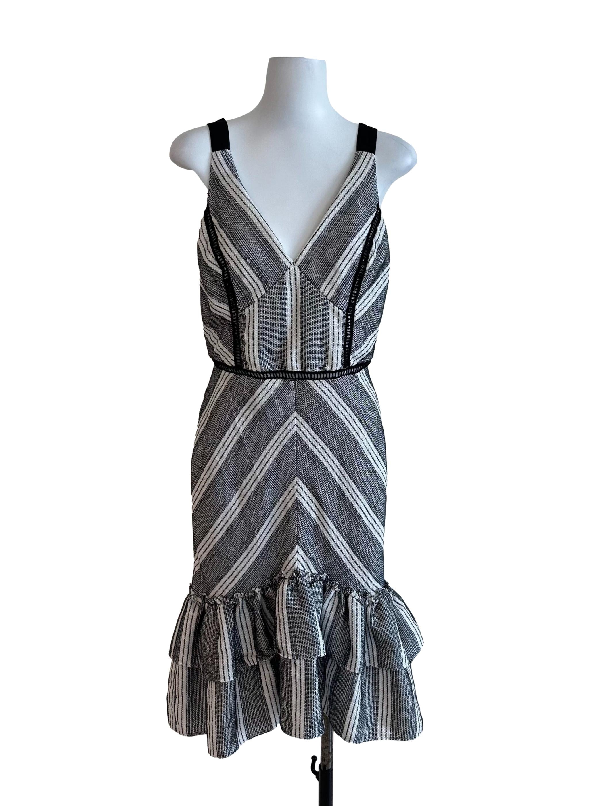 White Black Textured Stripe Ruffle Dress